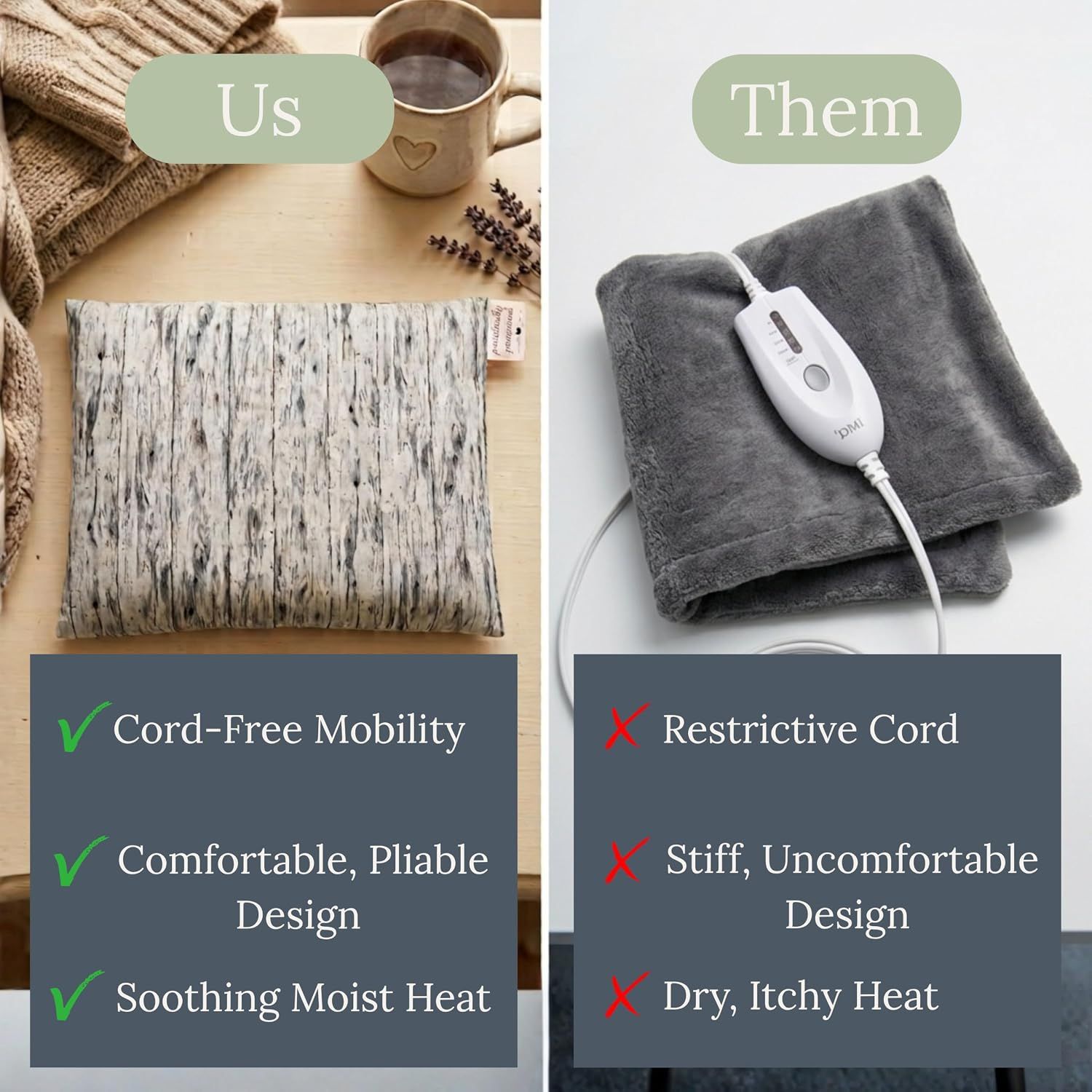 Compares this cord-free, pliable, moist-heat pad against traditional electric heating pads to demonstrate superior comfort, mobility, and soothing effectiveness.