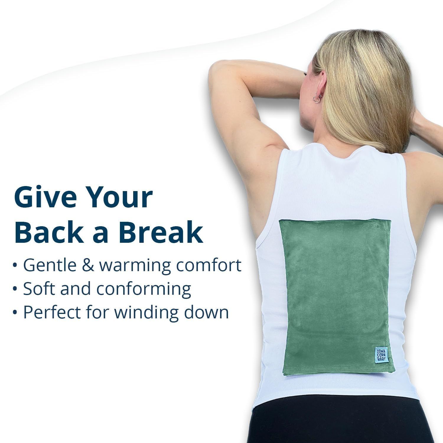 Highlights the product's ability to provide gentle warming comfort for the back, perfect for winding down and relaxation.