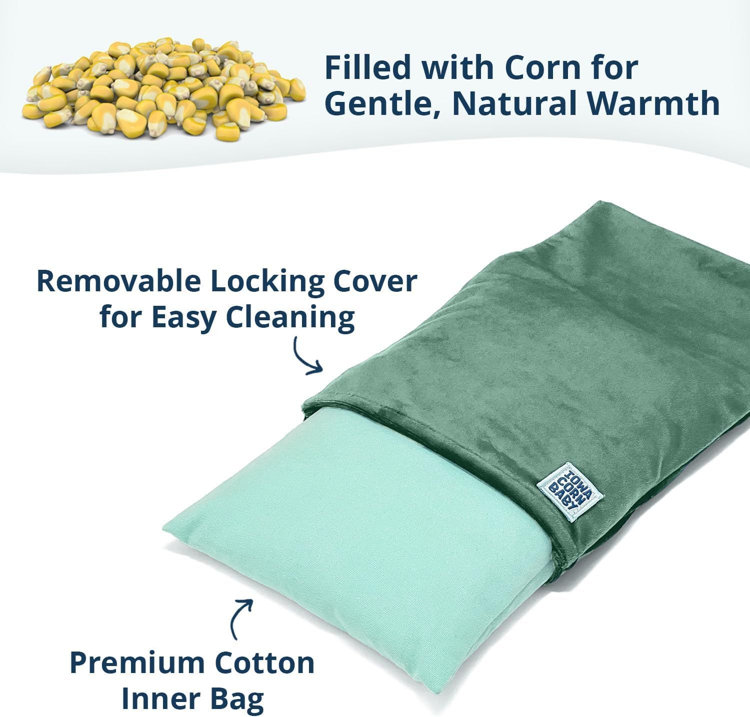 Breaks down the product's physical components—corn filling for natural warmth, removable locking cover for easy cleaning, and premium cotton inner bag—to communicate construction quality and ease of…