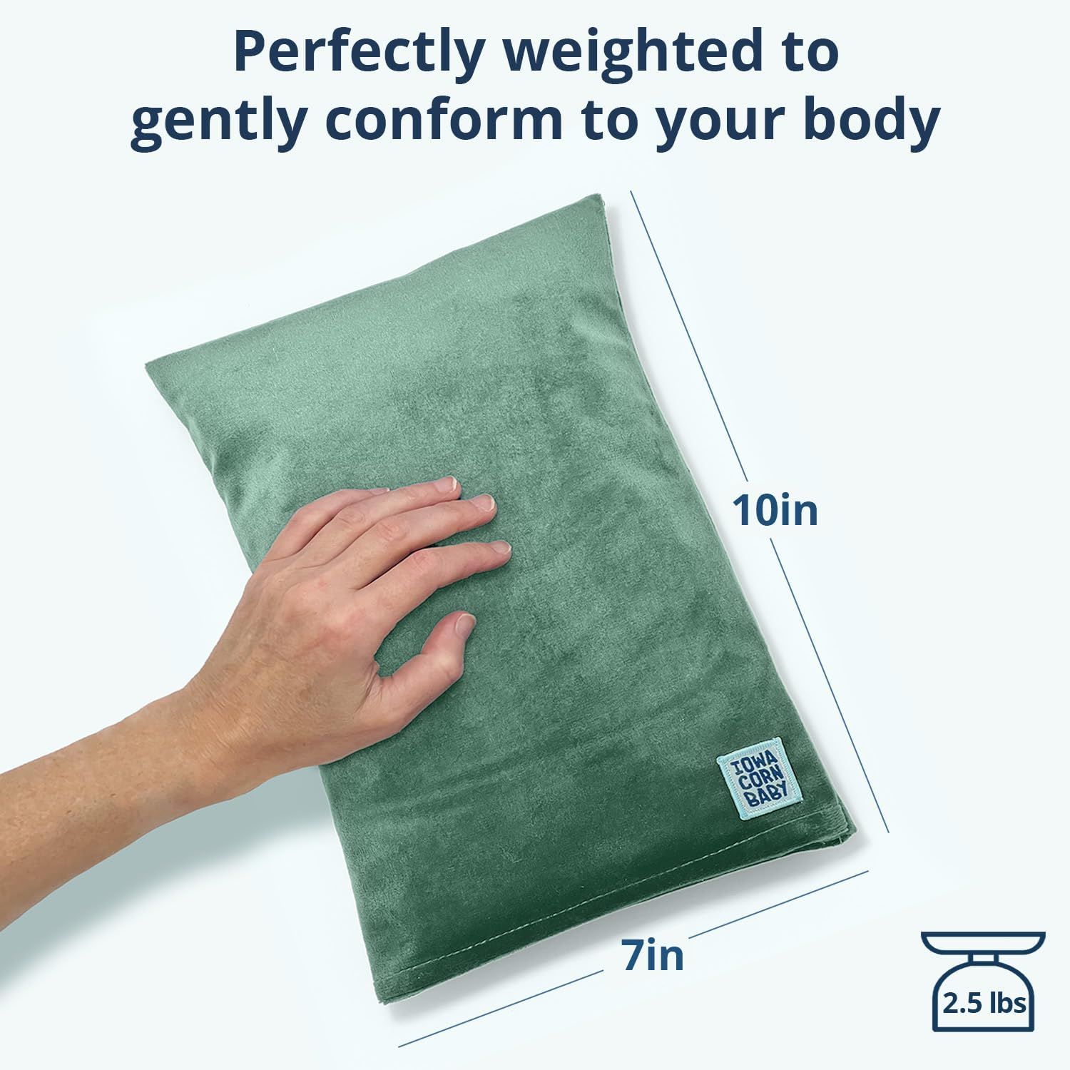 Shows the exact physical dimensions (10in x 7in) and weight (2.5 lbs) of the product, with a hand for scale, to help shoppers understand its size and portability. Communicates that the product is…