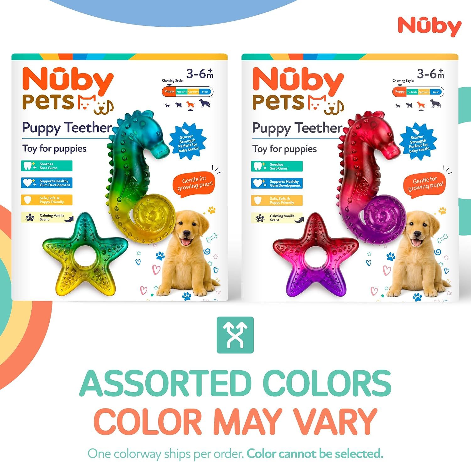 Shows the two available colorways of the puppy teether product to help shoppers understand the product line options and that color cannot be selected.