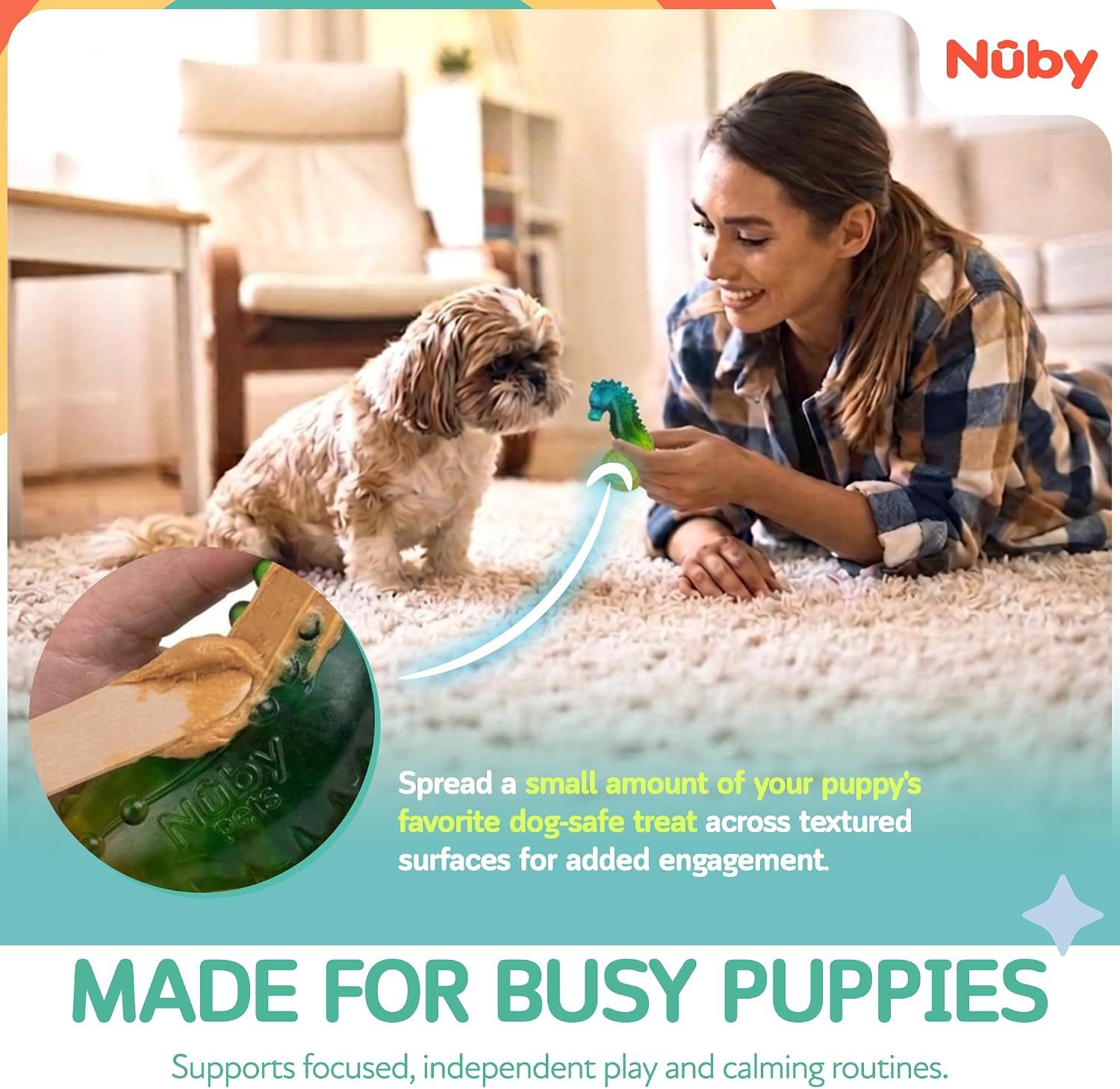 Demonstrates how to use the product by spreading dog-safe treats across the textured surfaces to enhance engagement and support independent play. Highlights that the product supports focused,…
