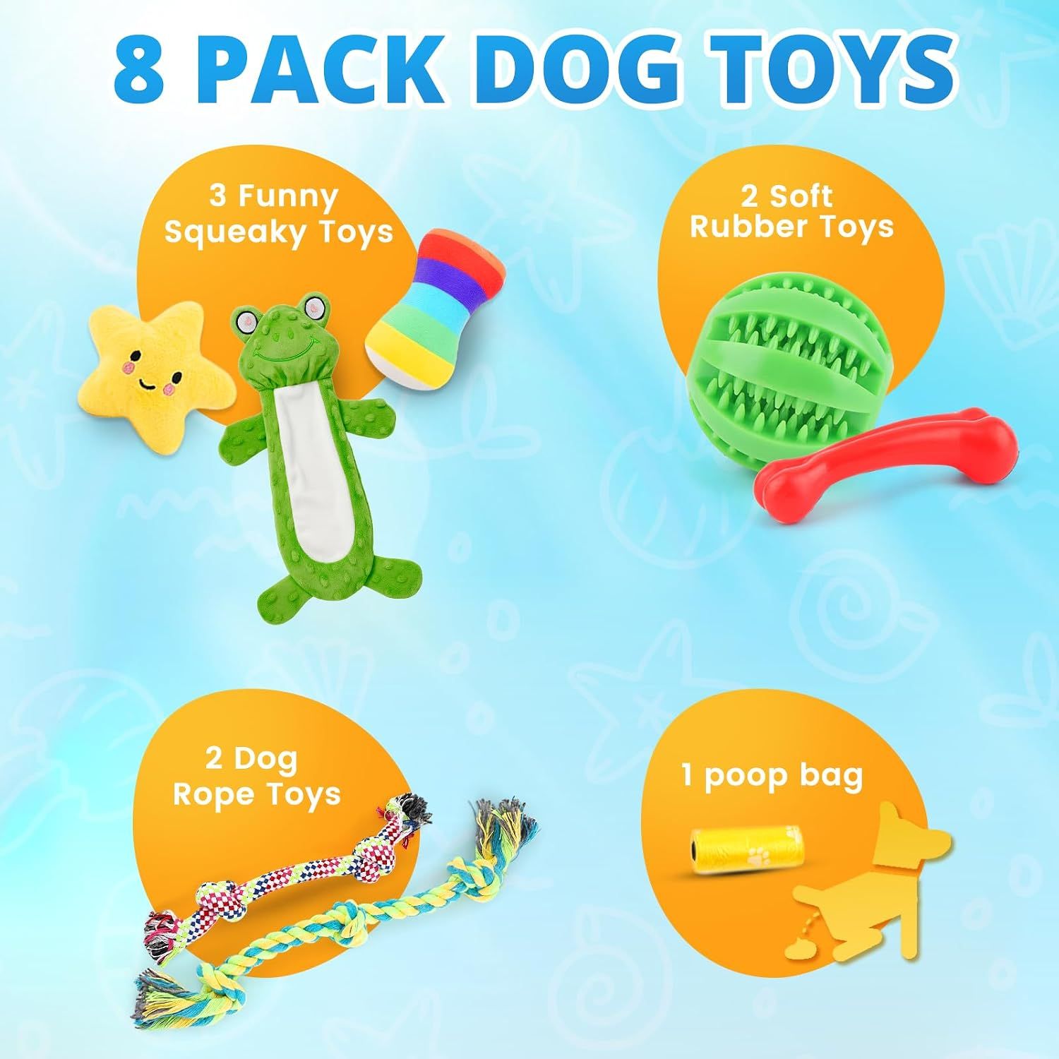 Shows everything included in the 8-pack dog toy bundle, helping shoppers understand the variety and value of the kit.