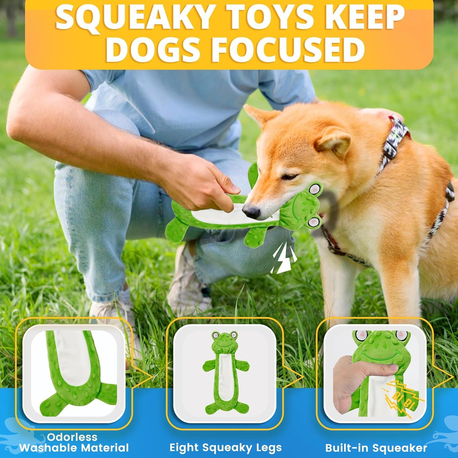 Highlights multiple benefits of the squeaky frog toy in a segmented layout, showing material quality, squeaker features, and engagement benefits to reassure shoppers of the toy's value.
