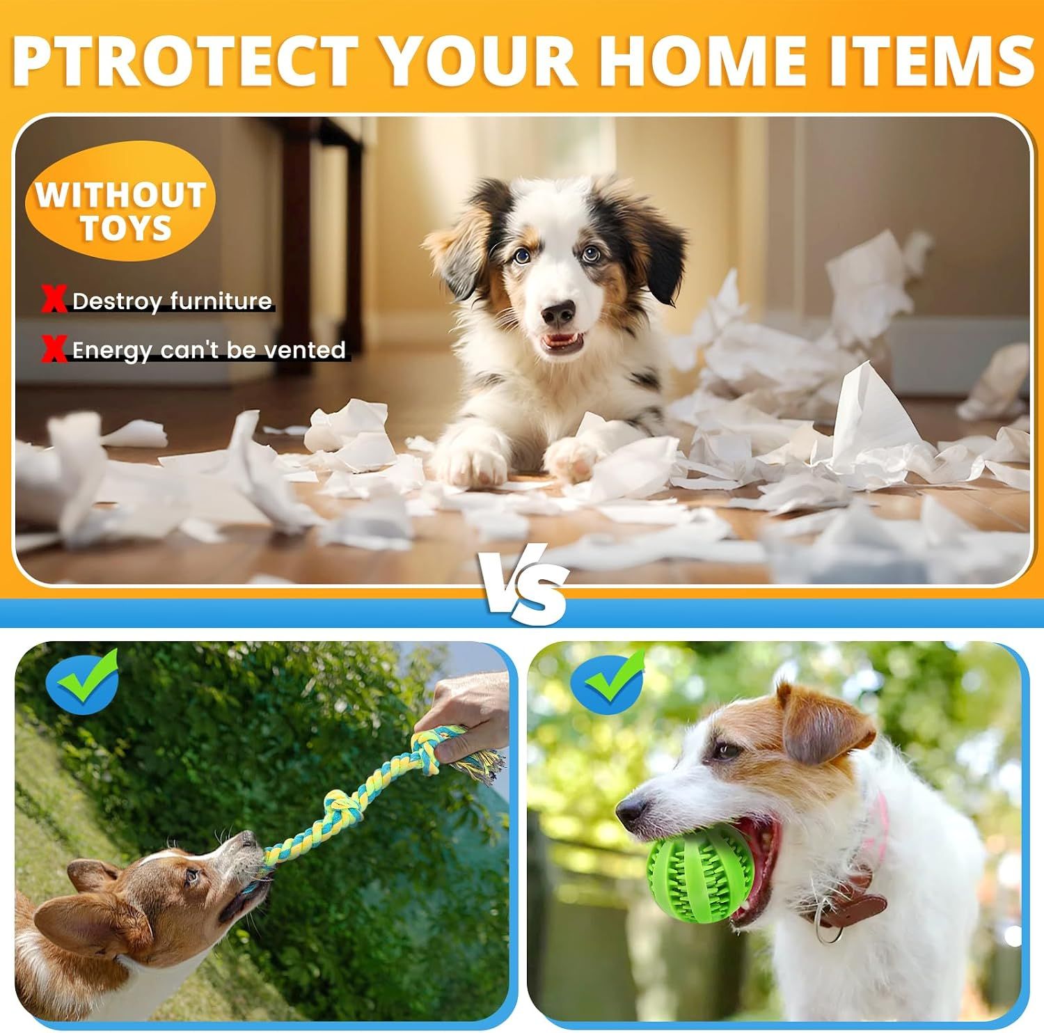 Shows the transformation from destructive behavior without toys to positive play with toys, demonstrating how the product protects furniture and channels dog energy appropriately.