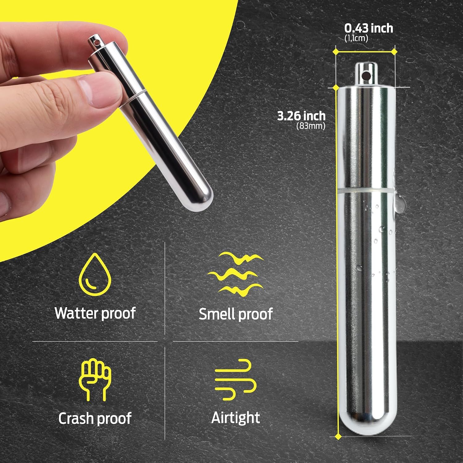 Shows the exact physical dimensions of the product (0.43 inch width, 3.26 inch height) to help shoppers understand its compact, portable size. Highlights four distinct protective benefits in a…