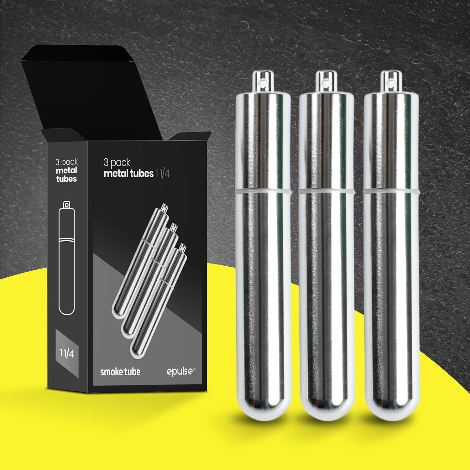 Shows the complete package contents including three metal tubes and the branded packaging to communicate what the customer receives.