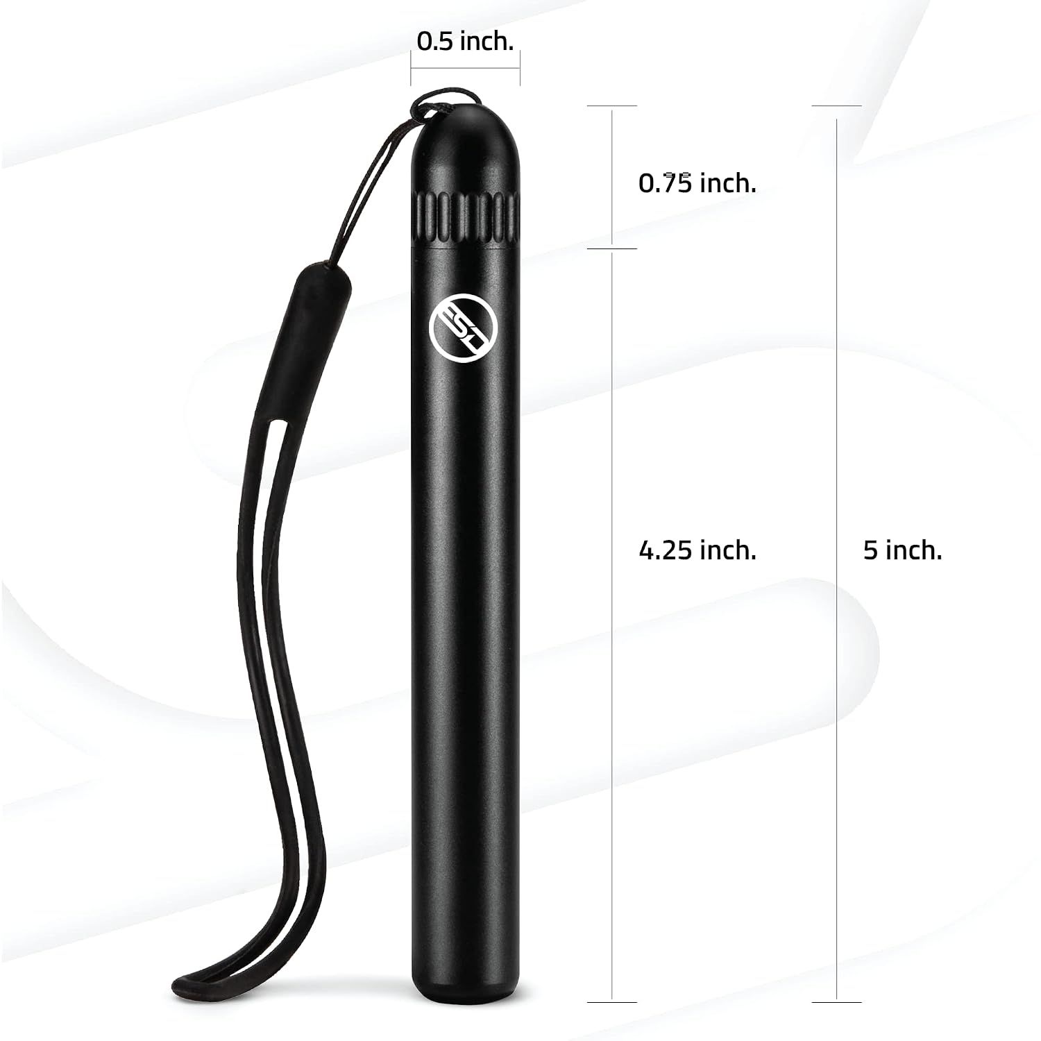 Displays the exact physical measurements of the product (5 inch height, 0.75 inch width, 0.5 inch diameter) to help shoppers understand its compact, portable size.