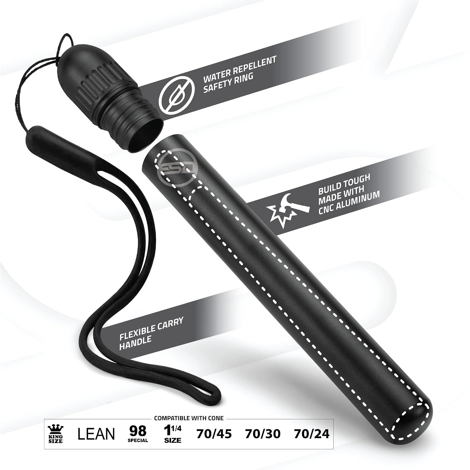 Highlights multiple distinct product features in a segmented layout: water repellent safety ring, tough CNC aluminum build, flexible carry handle, and compatibility with various cone sizes.
