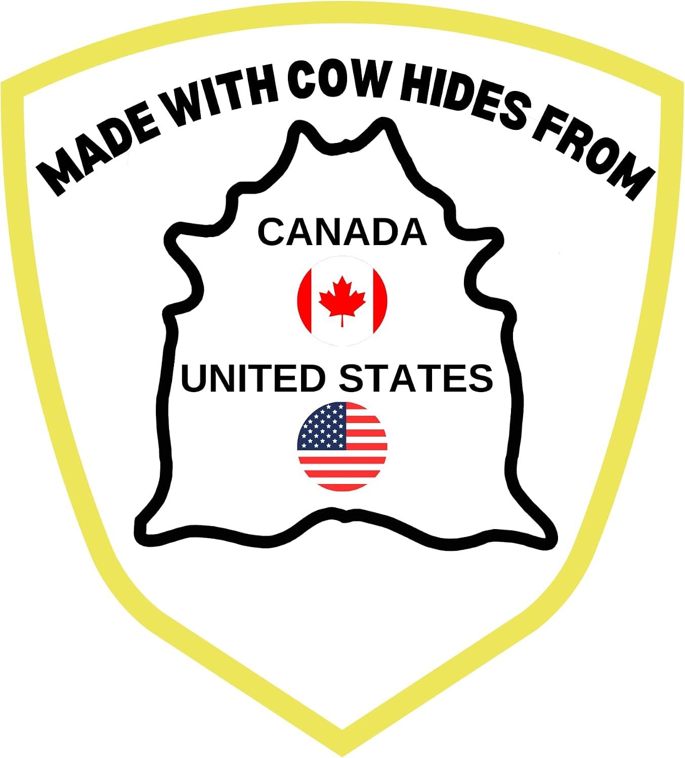 Communicates that the product is made from premium cow hides sourced from Canada and the United States, reassuring shoppers about material quality and origin.