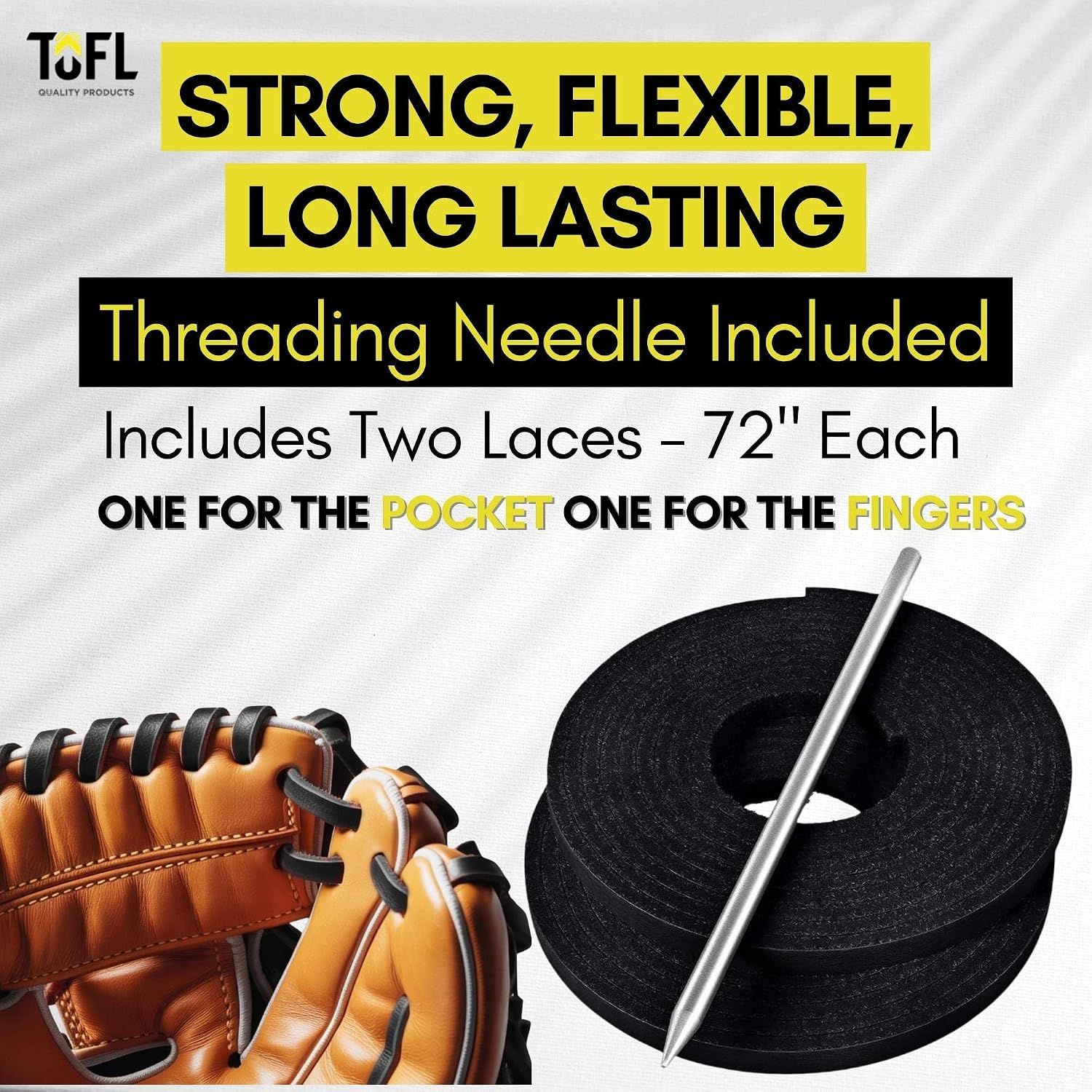 Shows what is included in the package: two laces and a threading needle, reassuring customers they have everything needed to relace their glove. Highlights three key product benefits (strength,…
