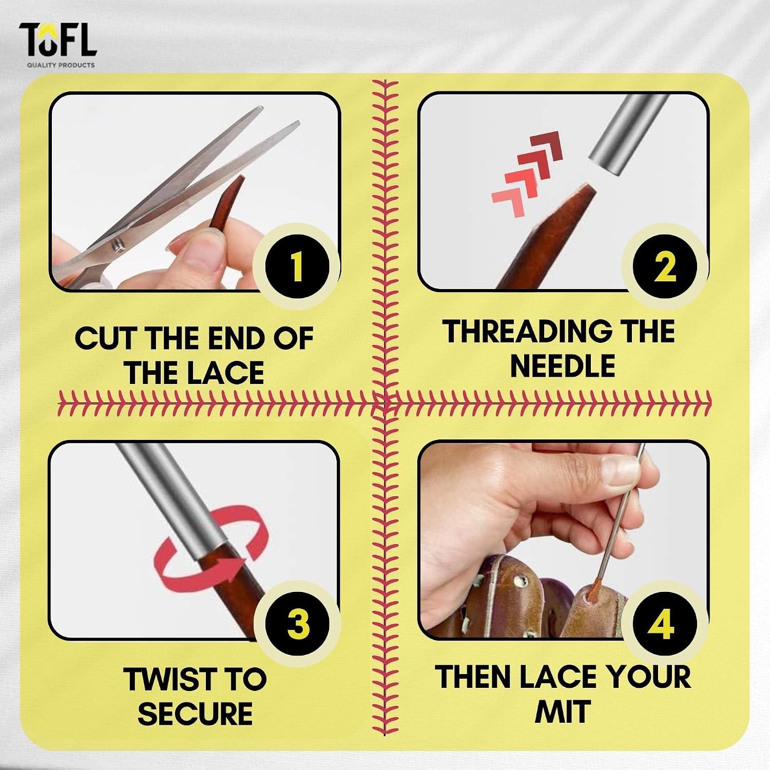 Provides a clear 4-step visual guide showing customers exactly how to use the threading needle and laces to relace their baseball glove.
