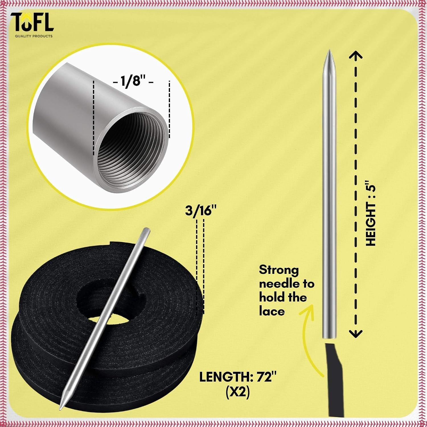 Communicates the exact physical dimensions of the needle and laces so customers can confirm the product will fit their needs.