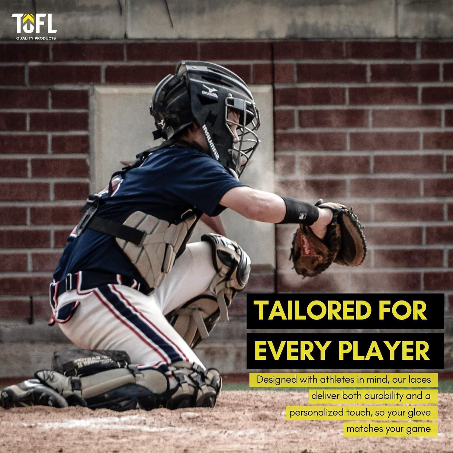 Shows the product in real-world use during a baseball game, with text overlay highlighting customization and durability benefits for athletes. Communicates that the laces are designed for athletes…