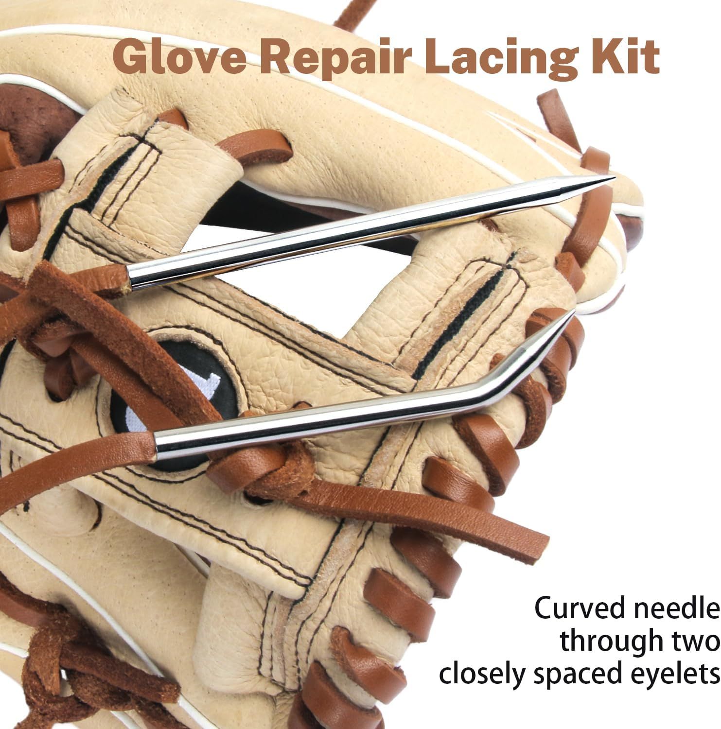 Highlights the curved needle feature that allows easy threading through closely spaced eyelets for glove repair.
