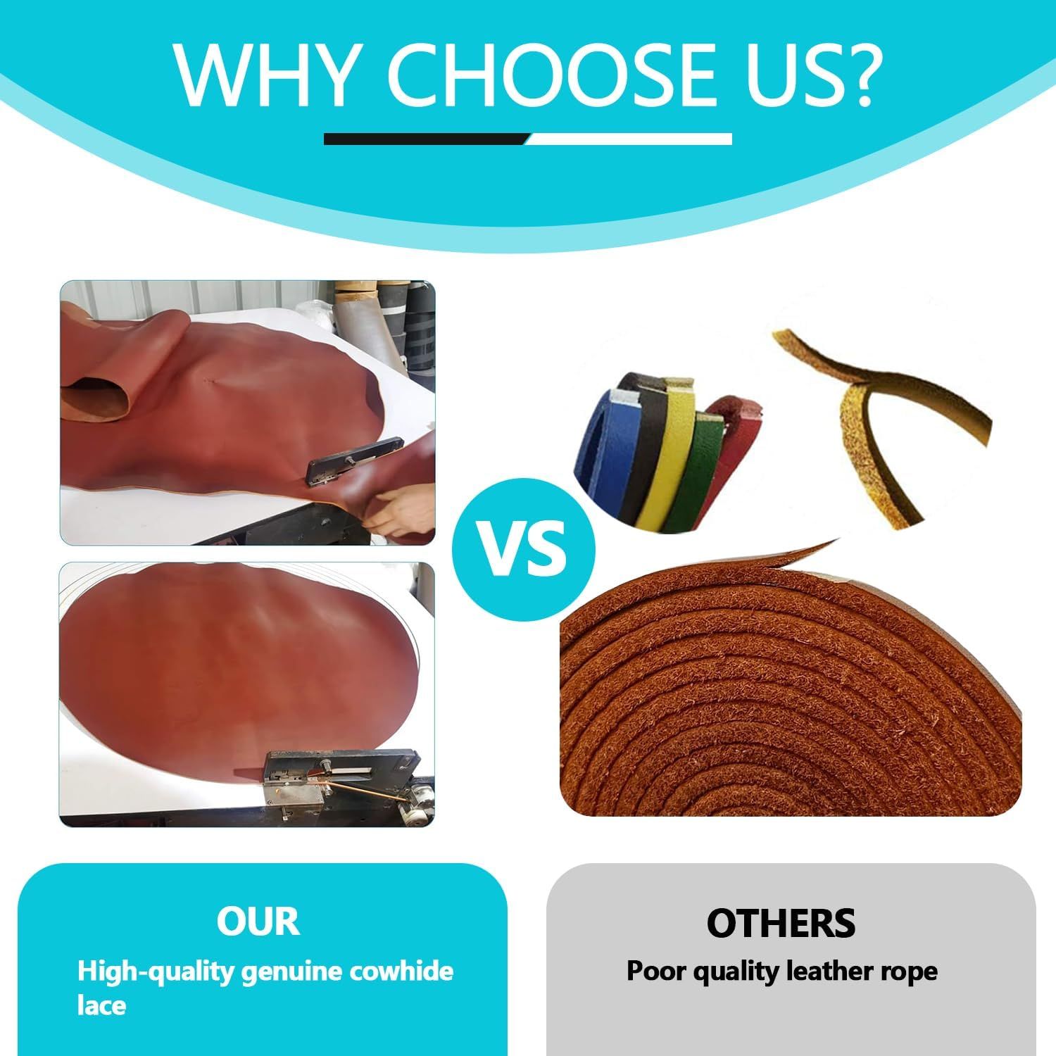 Demonstrates the superior material quality of this product's genuine cowhide lace compared to competitors' lower-quality leather rope alternatives.