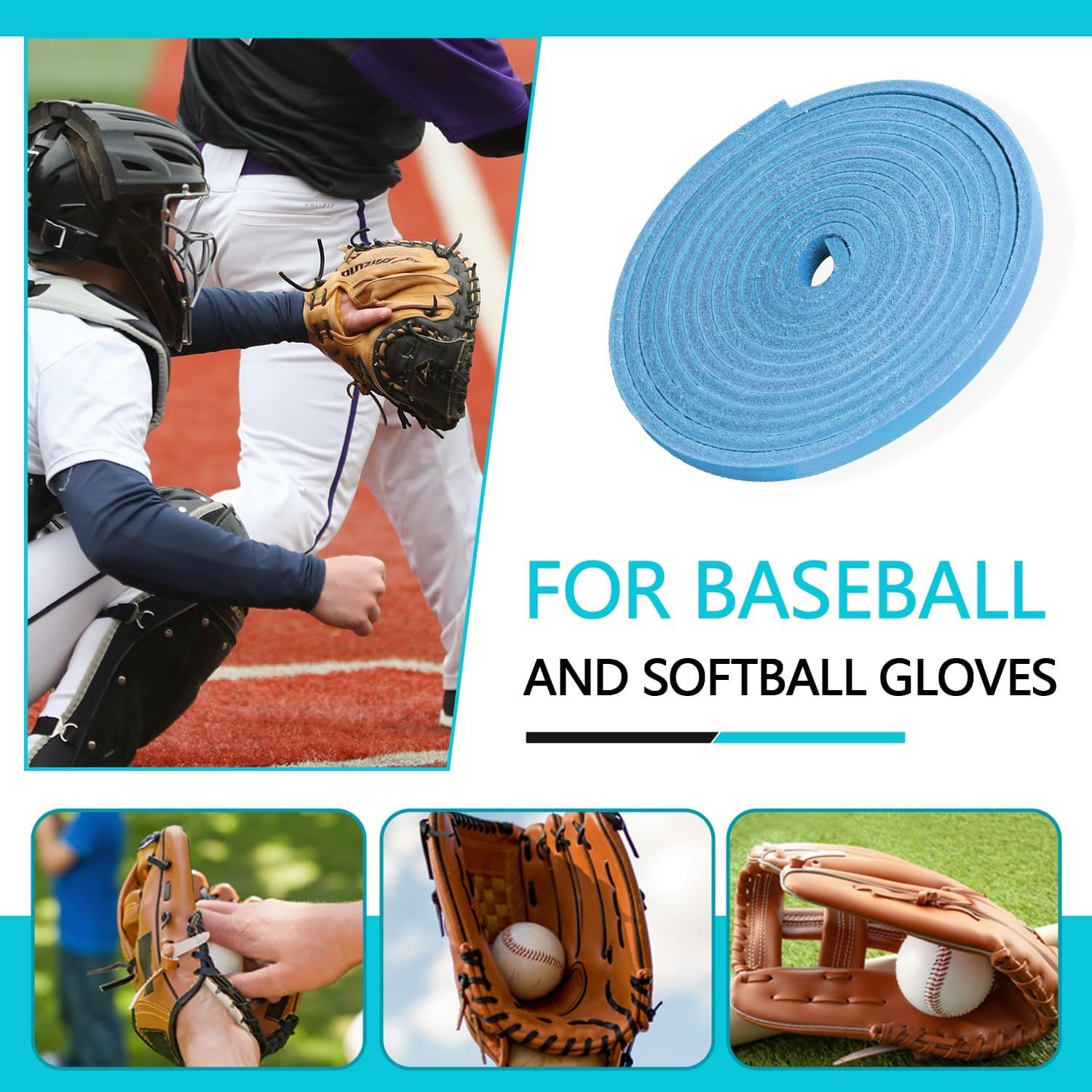 Demonstrates the product's versatility by showing it works for both baseball and softball gloves across different styles and use cases.