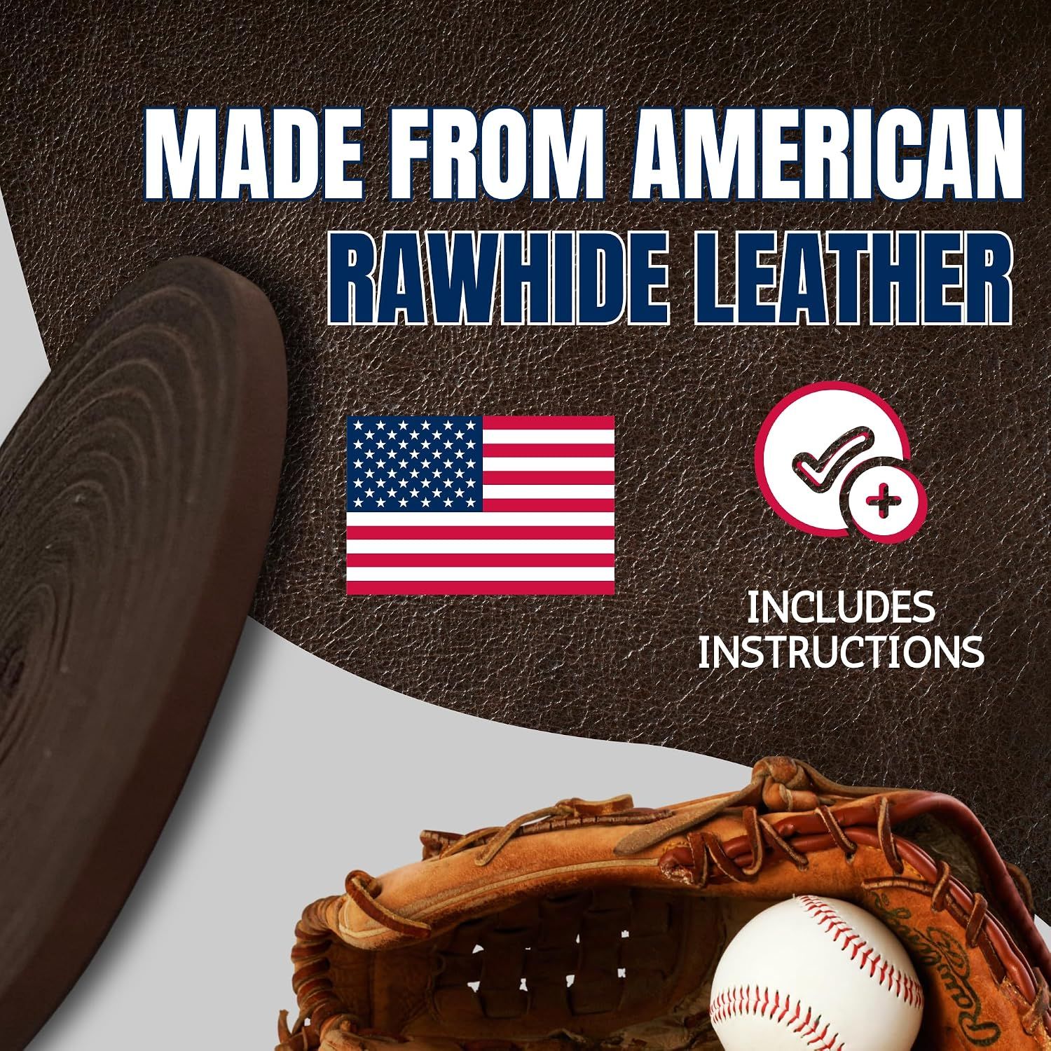 Highlights the premium American rawhide leather material and the inclusion of instructions, reassuring shoppers of quality and ease of use.