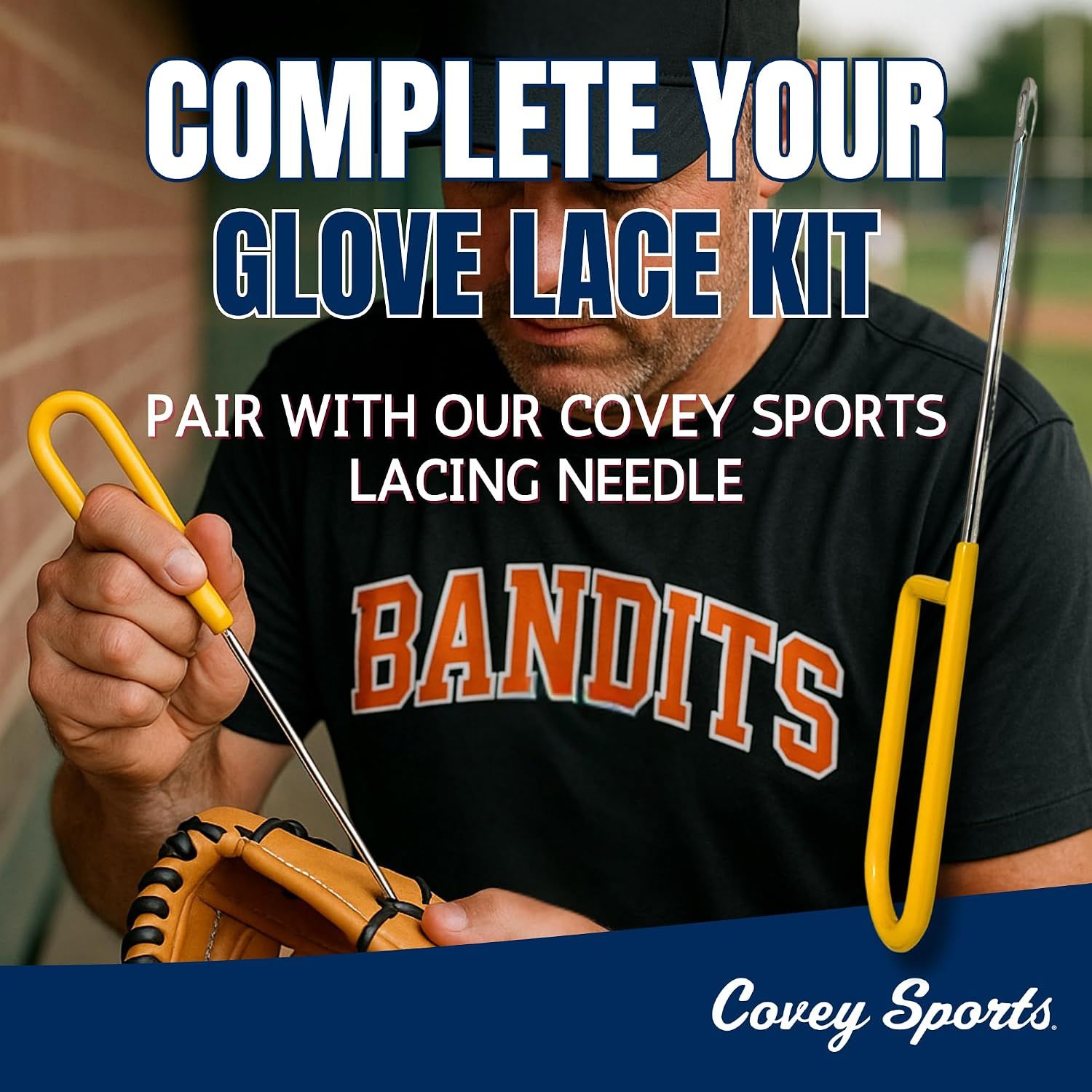 Highlights that the product pairs with a lacing needle to complete the glove lace kit, offering convenience and a complete solution.
