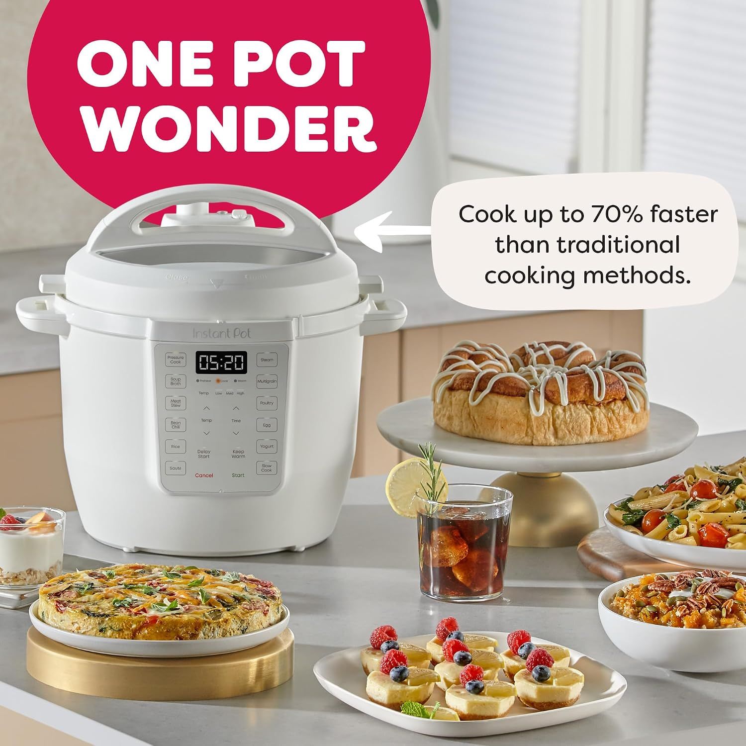 Highlights the product's efficiency by stating it cooks up to 70% faster than traditional methods, reassuring shoppers they'll save time in the kitchen. Communicates the time-saving benefit of the…