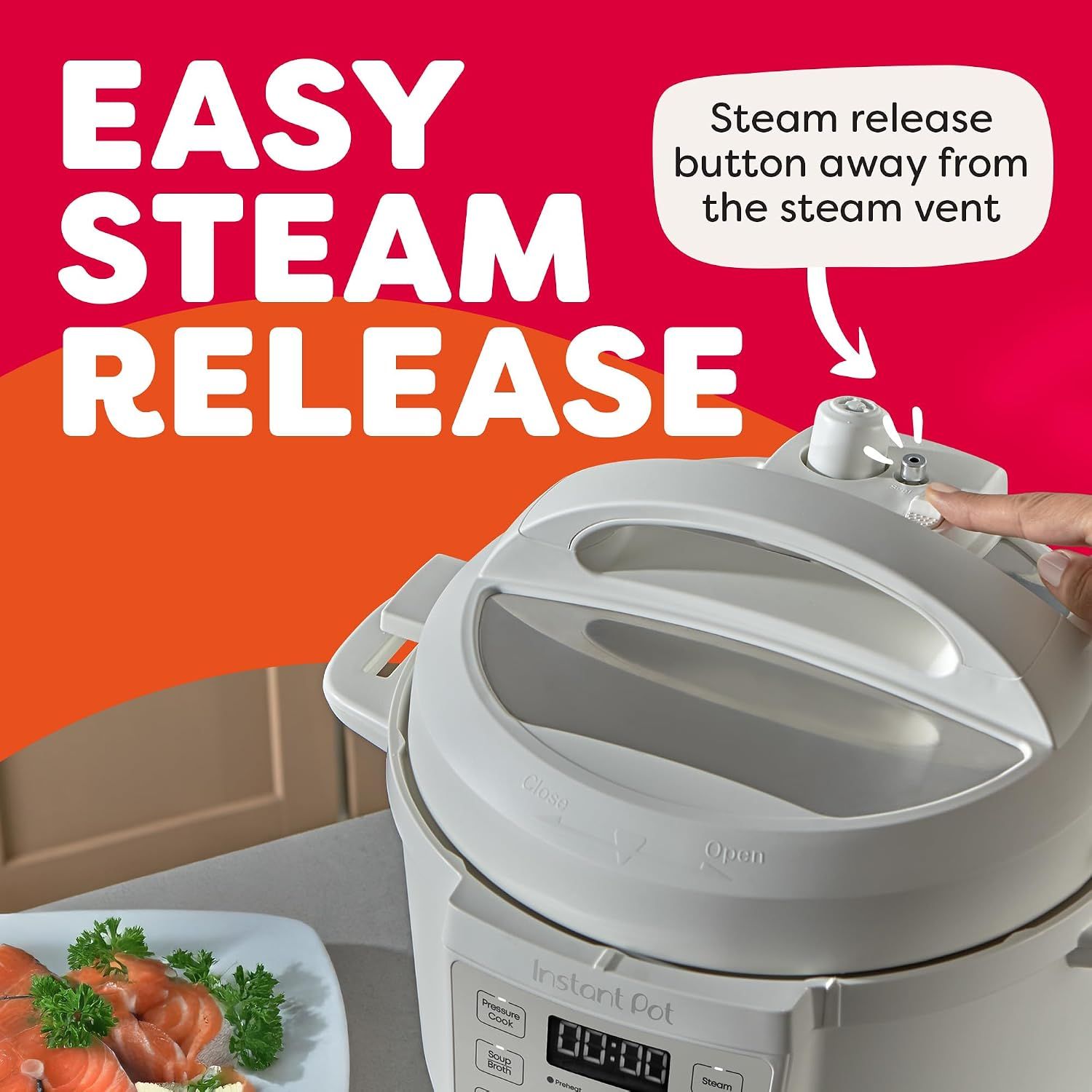 Highlights the safety and convenience of the steam release button being positioned away from the steam vent, reassuring shoppers about safe and easy operation.