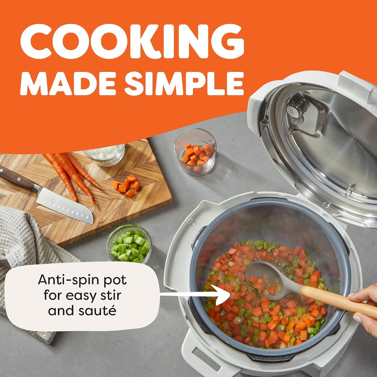 Points out the anti-spin pot feature that makes stirring and sautéing easier, helping shoppers understand this specific design element improves cooking convenience. Communicates that cooking is made…