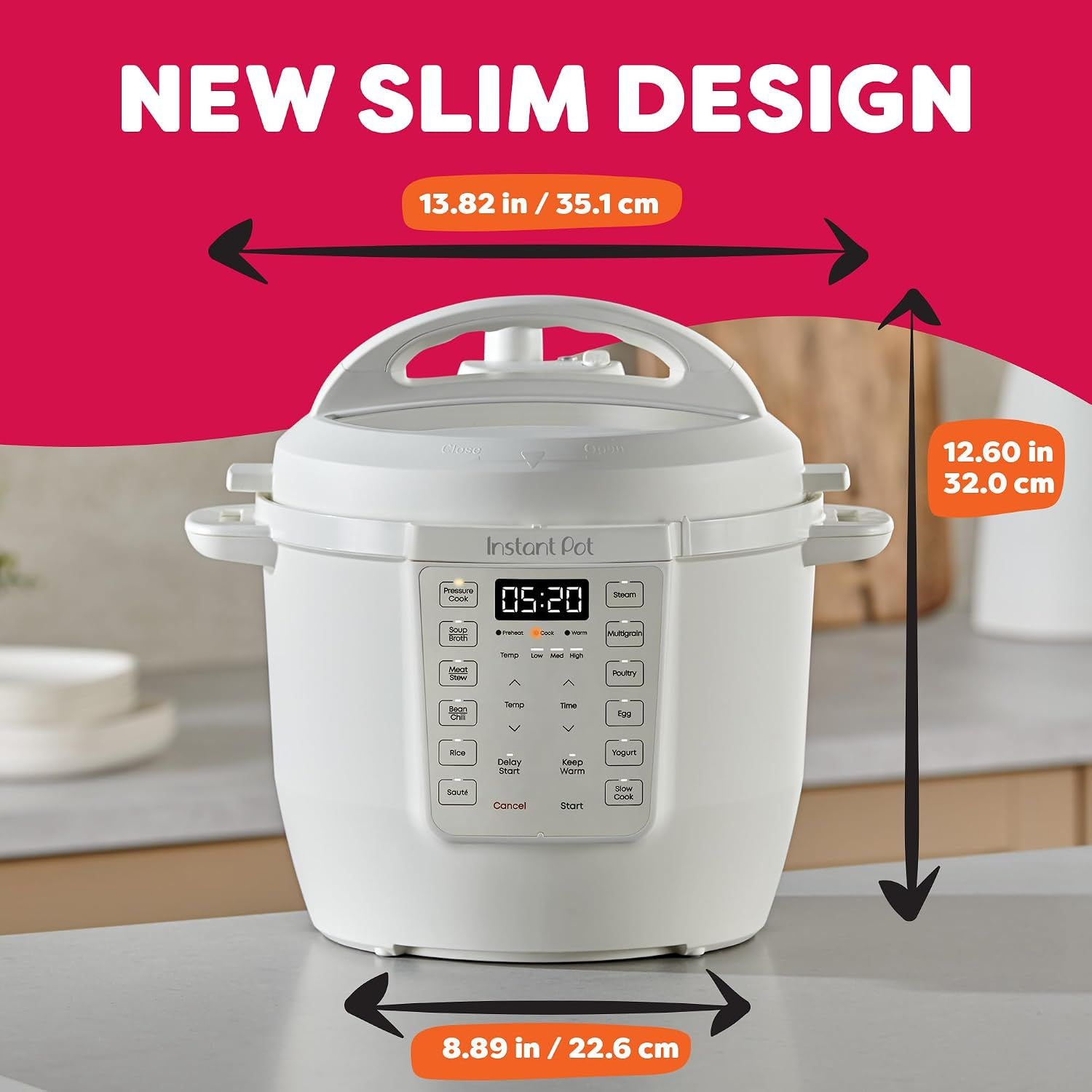 Shows the exact physical dimensions of the product (13.82 x 12.60 x 8.89 inches) to help shoppers understand its footprint and confirm it will fit on their countertop.