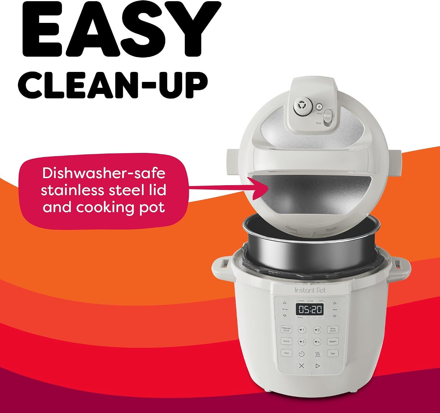 Highlights the dishwasher-safe stainless steel lid and cooking pot to reassure shoppers that cleanup is easy and convenient. Communicates the ease of cleaning as a key benefit, reducing post-cooking…