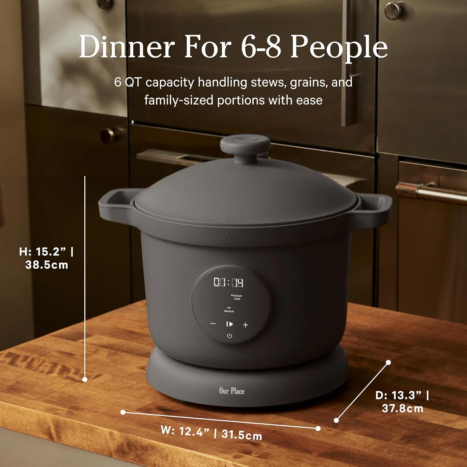 Highlights the product's large 6-quart capacity to reassure shoppers it can handle family-sized meals for 6-8 people. Shows the exact physical dimensions (height, width, depth) so shoppers can…