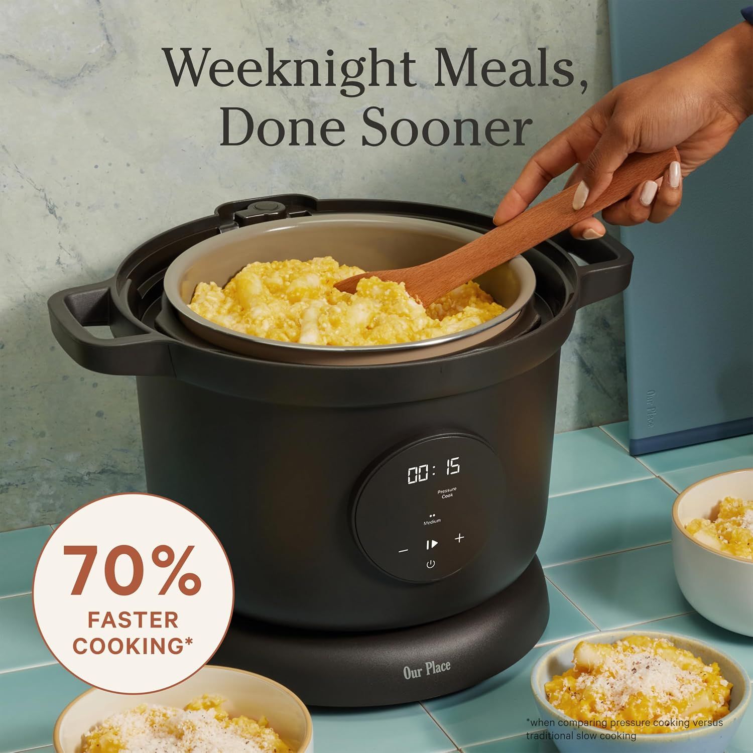 Highlights the product's speed advantage with a bold performance stat to appeal to busy shoppers looking for time-saving cooking solutions. Communicates the key benefit of faster meal preparation…