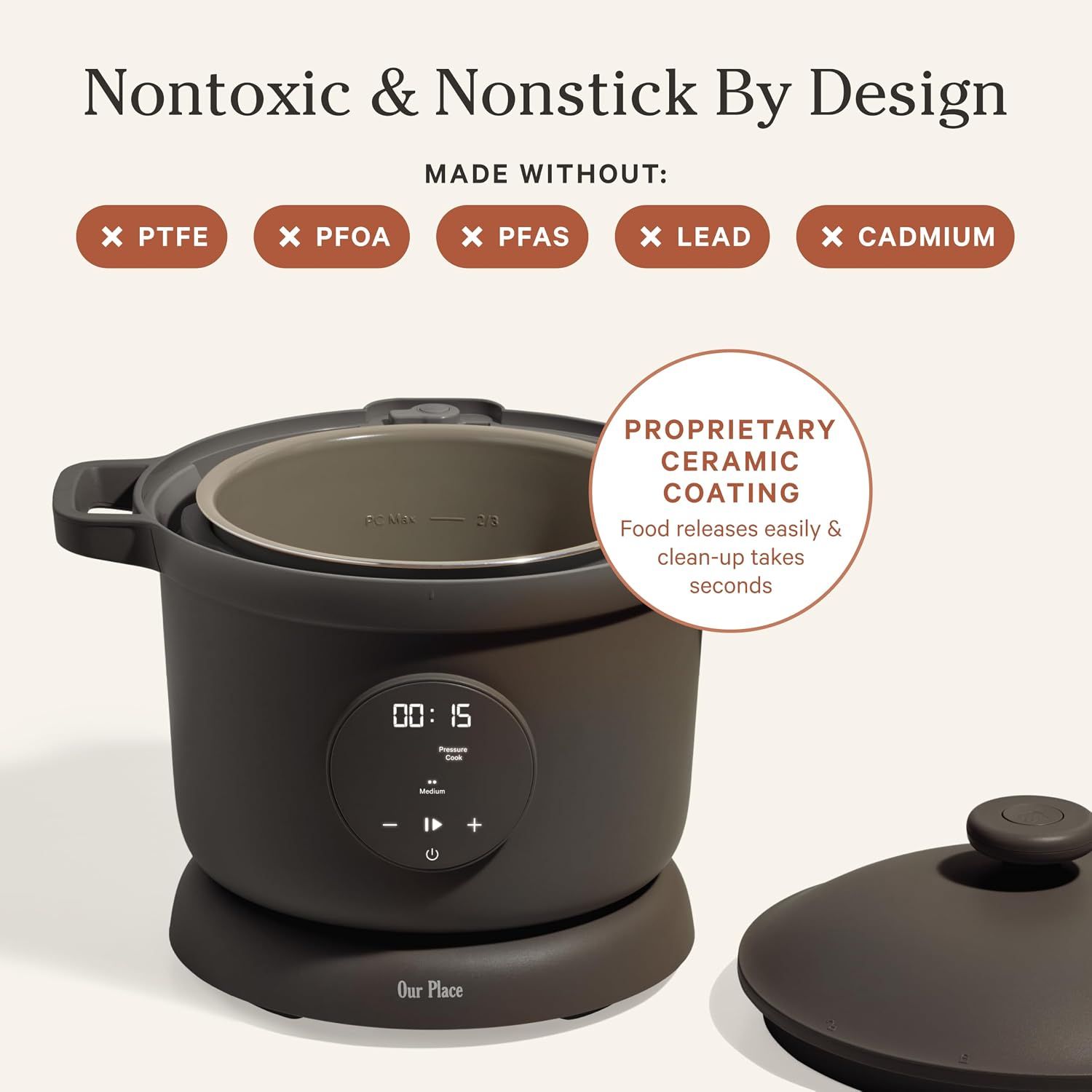 Reassures health-conscious shoppers that the product is made without harmful chemicals and features a safe, easy-to-clean nonstick ceramic coating. Emphasizes the product's safety and convenience…