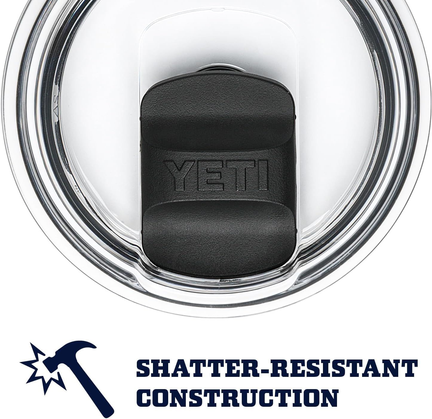 Emphasizes the durable, shatter-resistant construction of the lid to reassure shoppers that the product can withstand drops and impacts.