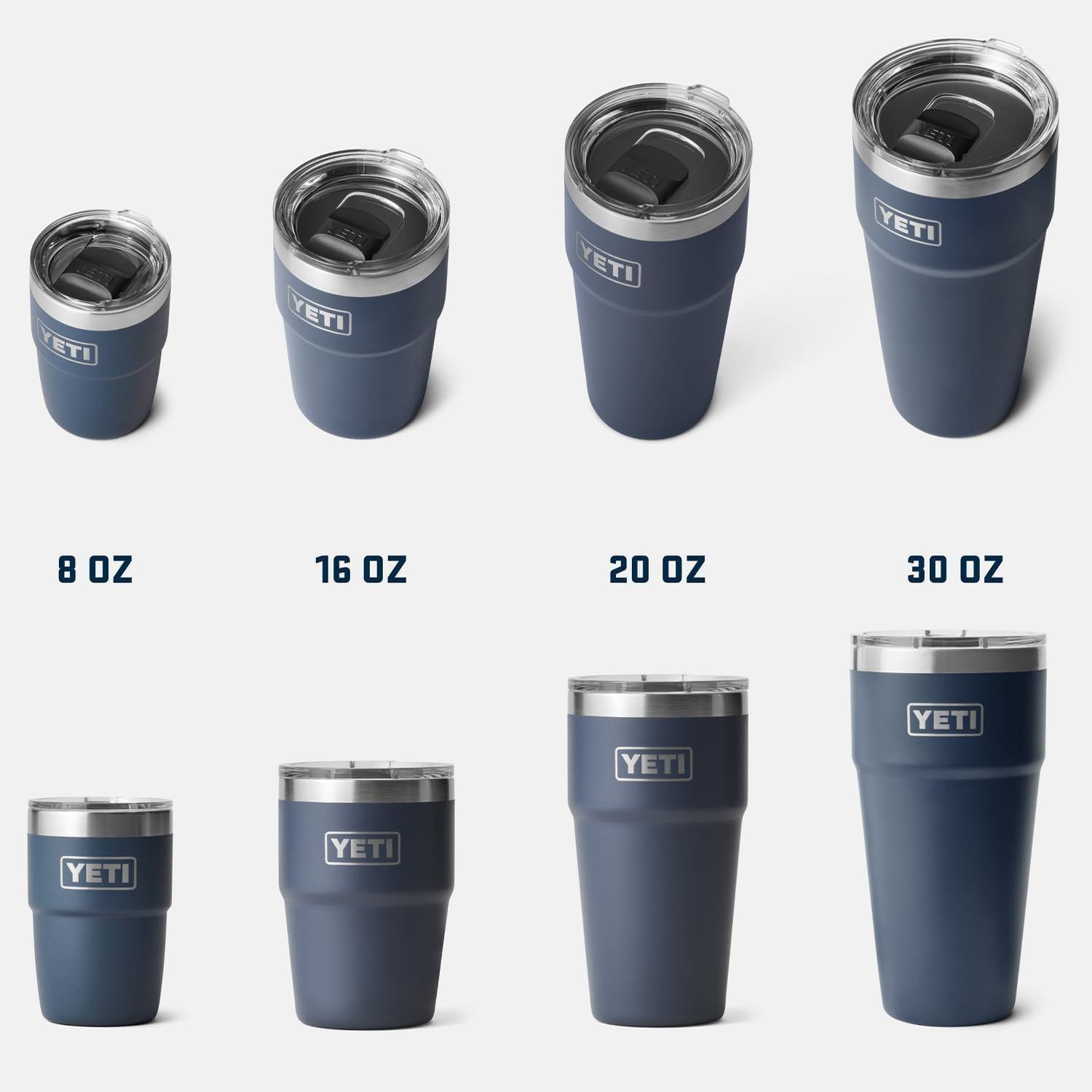 Displays the full range of Rambler drinkware size options (8 oz, 16 oz, 20 oz, 30 oz) to help shoppers choose the right size for their needs.