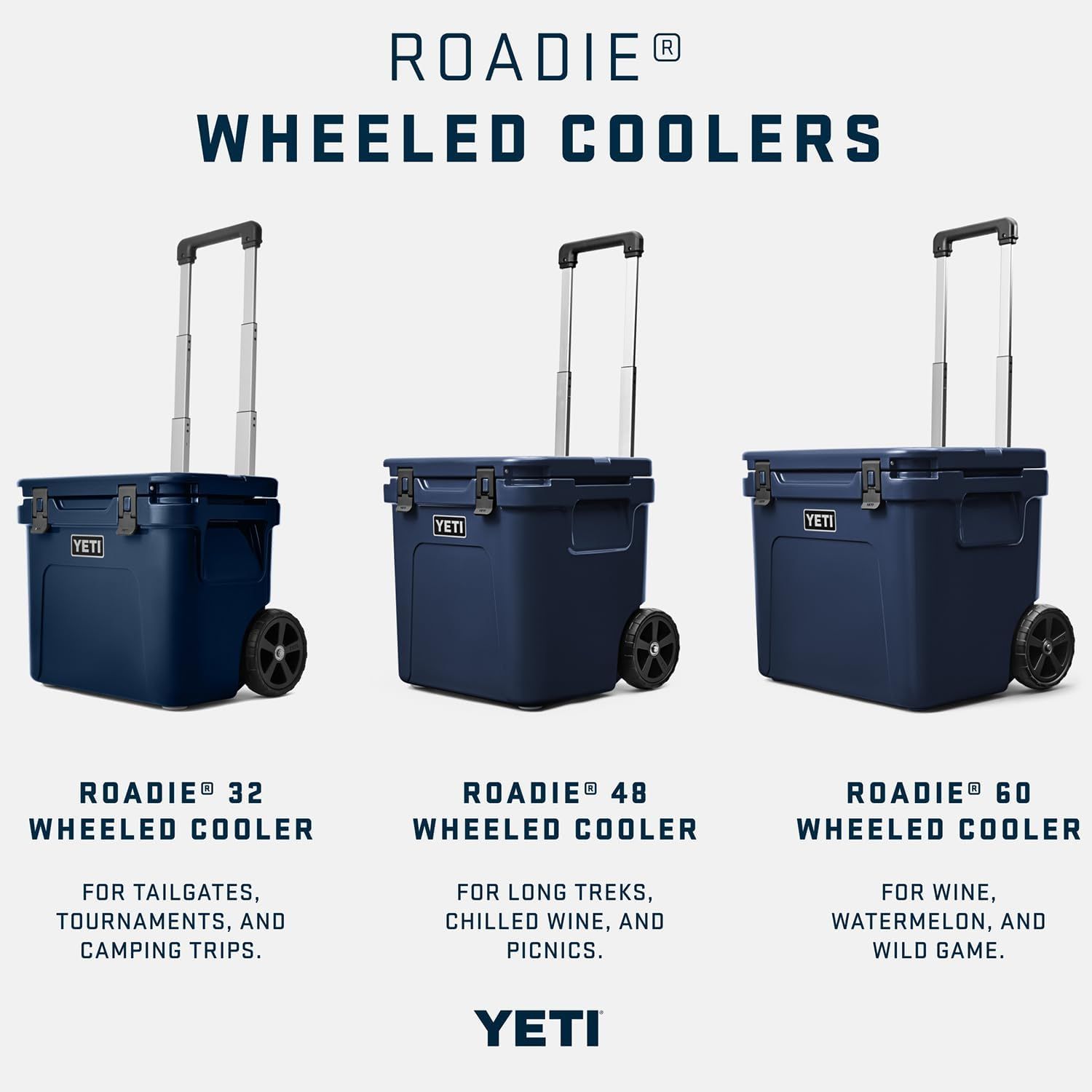 Showcases the Roadie Wheeled Coolers product line with three size options to help shoppers choose the right model for their needs.
