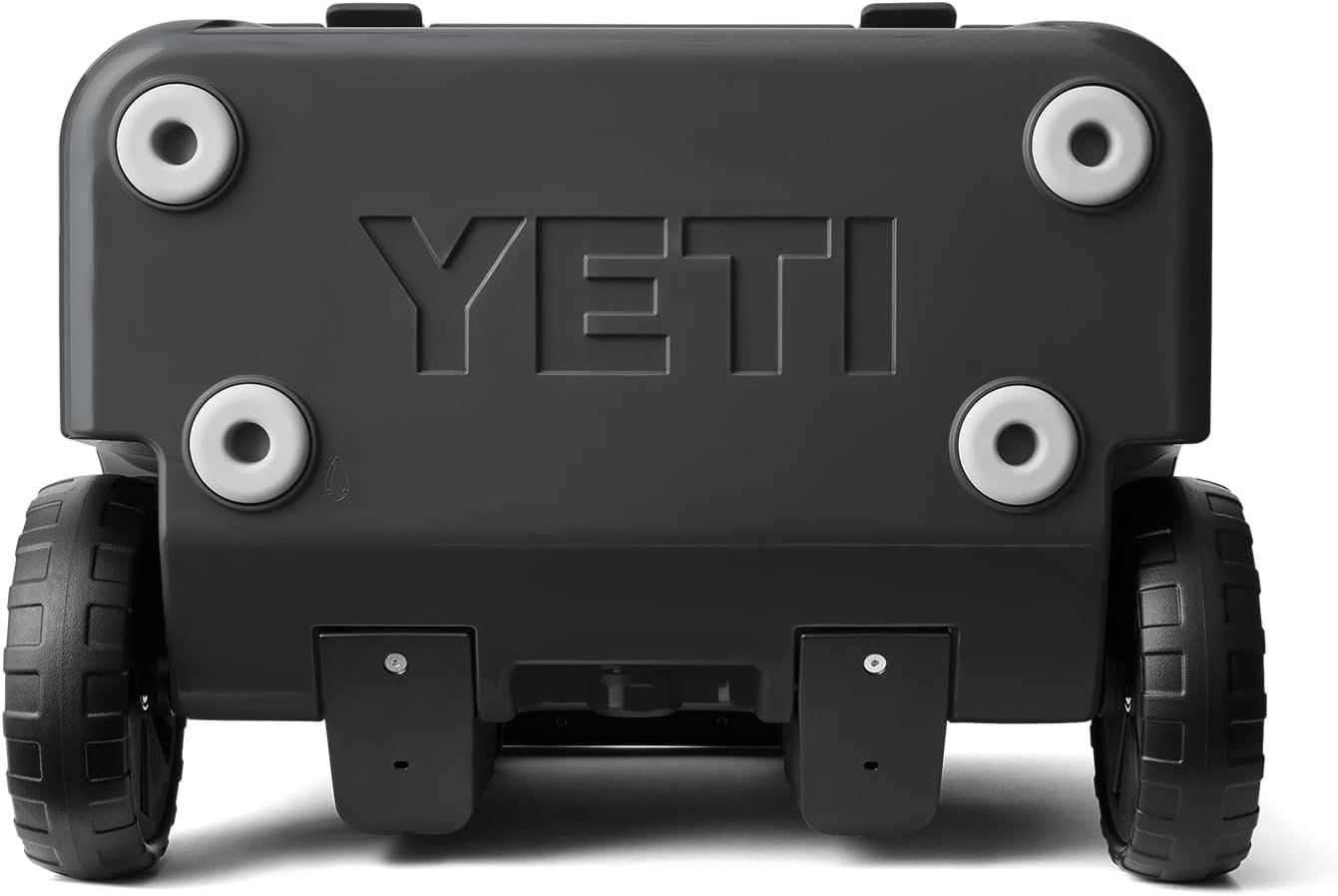 Displays the underside of the cooler showing the wheel configuration and base on a white background.