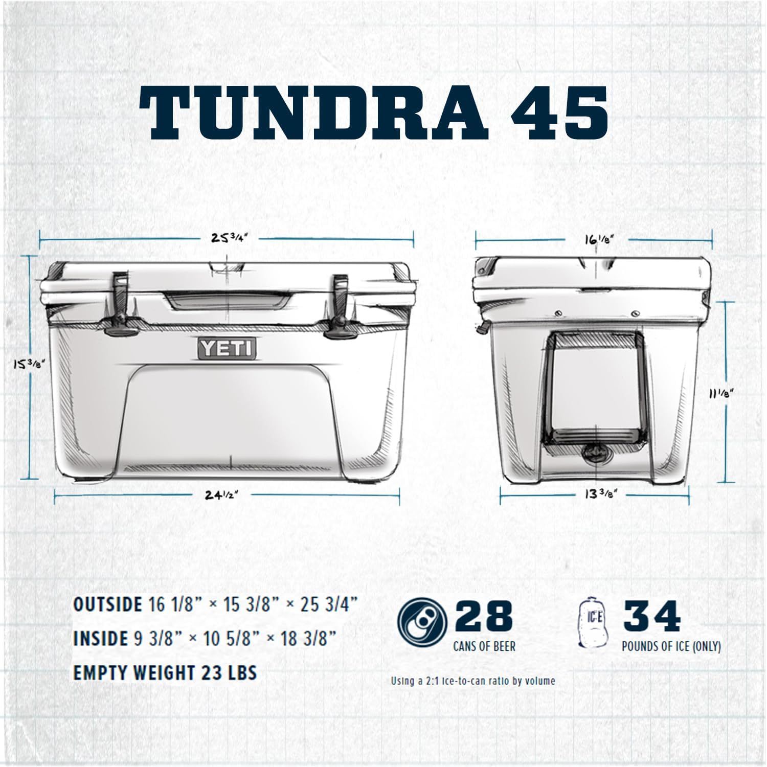 Provides exact measurements of the cooler's exterior and interior dimensions, along with capacity metrics (28 cans of beer, 34 lbs of ice), helping shoppers understand the physical size and storage…