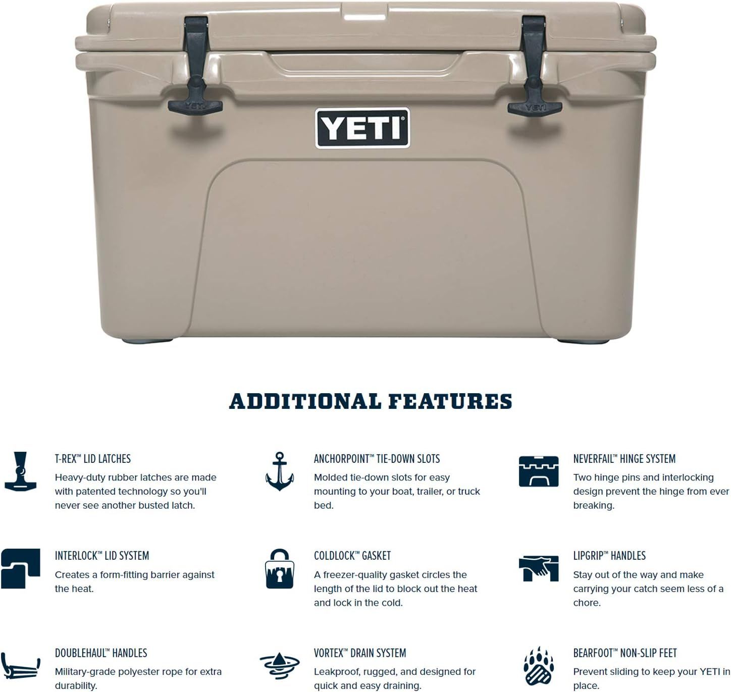 Displays nine distinct product features in a segmented grid layout with icons and descriptions, communicating the cooler's comprehensive design advantages including durability, portability,…
