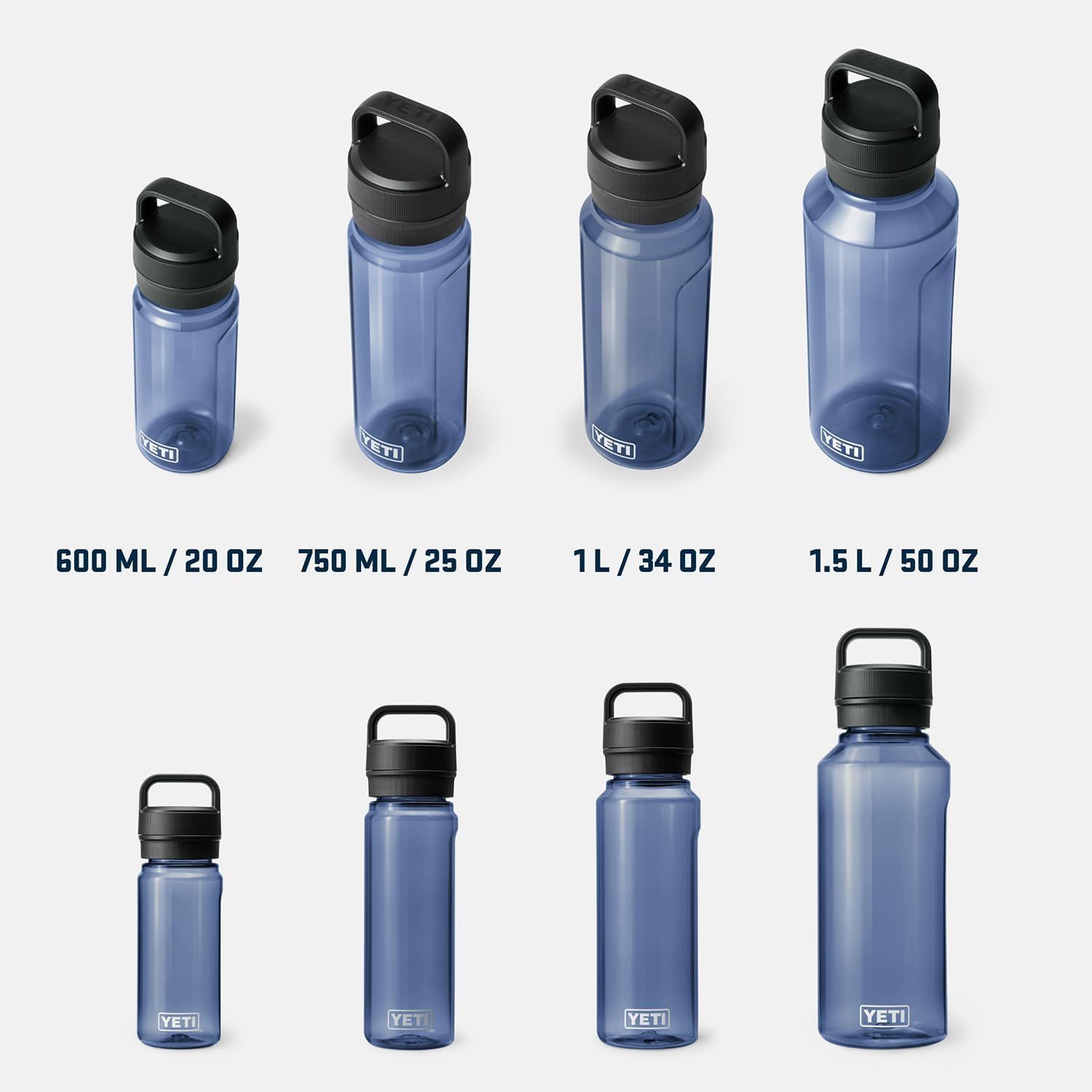 Displays the full range of size options available in the Yonder water bottle line, from 600 ML to 1.5 L, helping shoppers choose the right capacity for their needs.