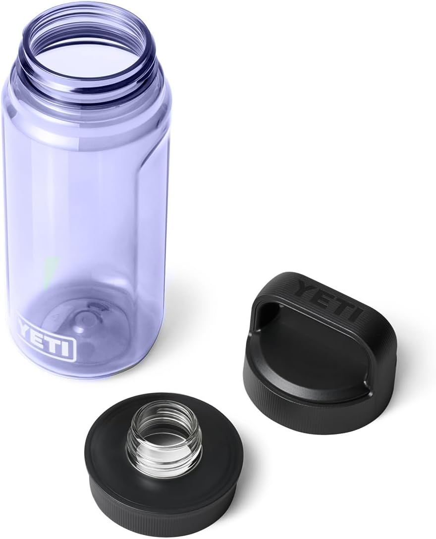 Shows all components included with purchase: the water bottle and two different cap styles, demonstrating the versatility and complete package contents.