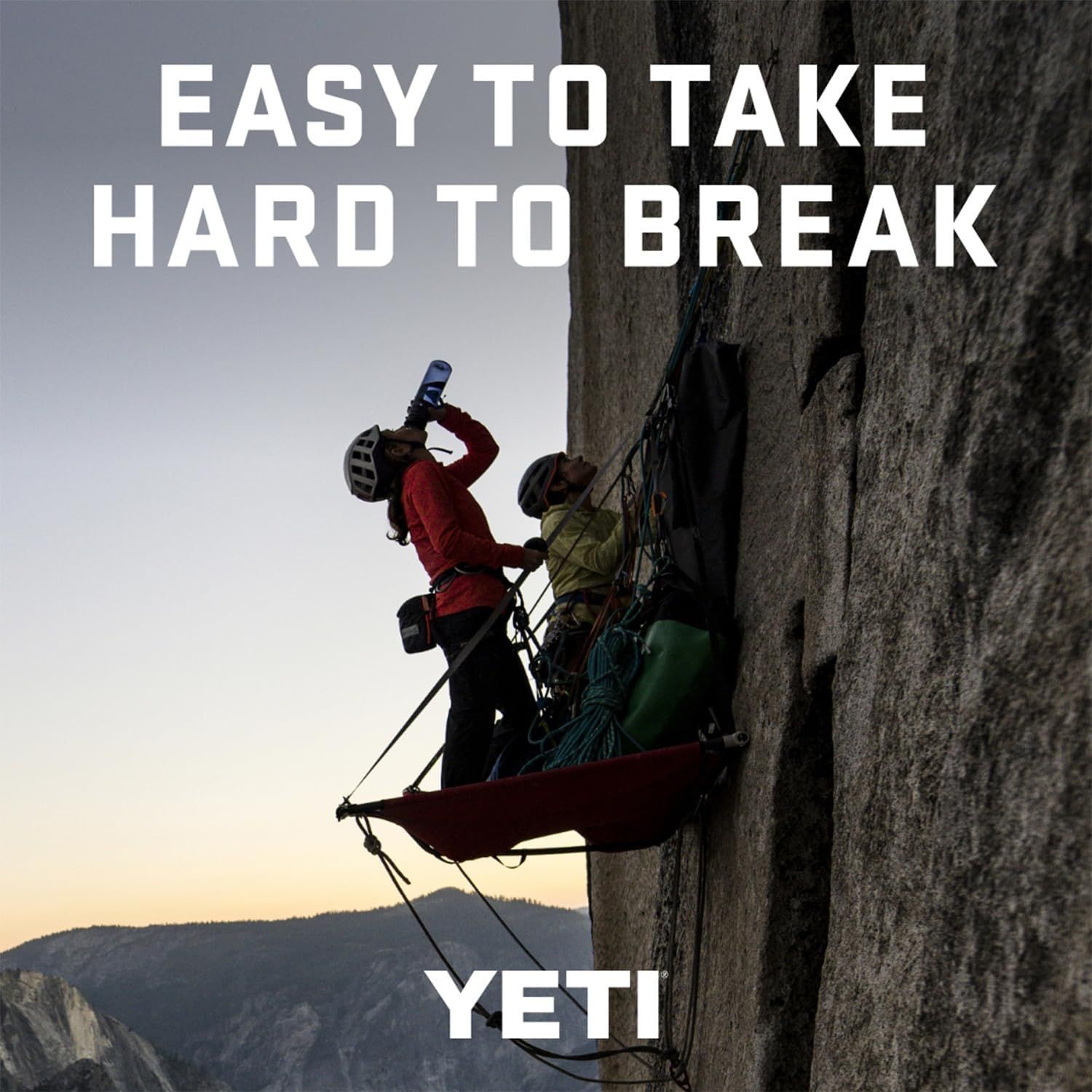 Communicates the dual benefit of portability and durability through lifestyle imagery and the tagline 'Easy to Take, Hard to Break,' reassuring shoppers the bottle is both convenient and tough…