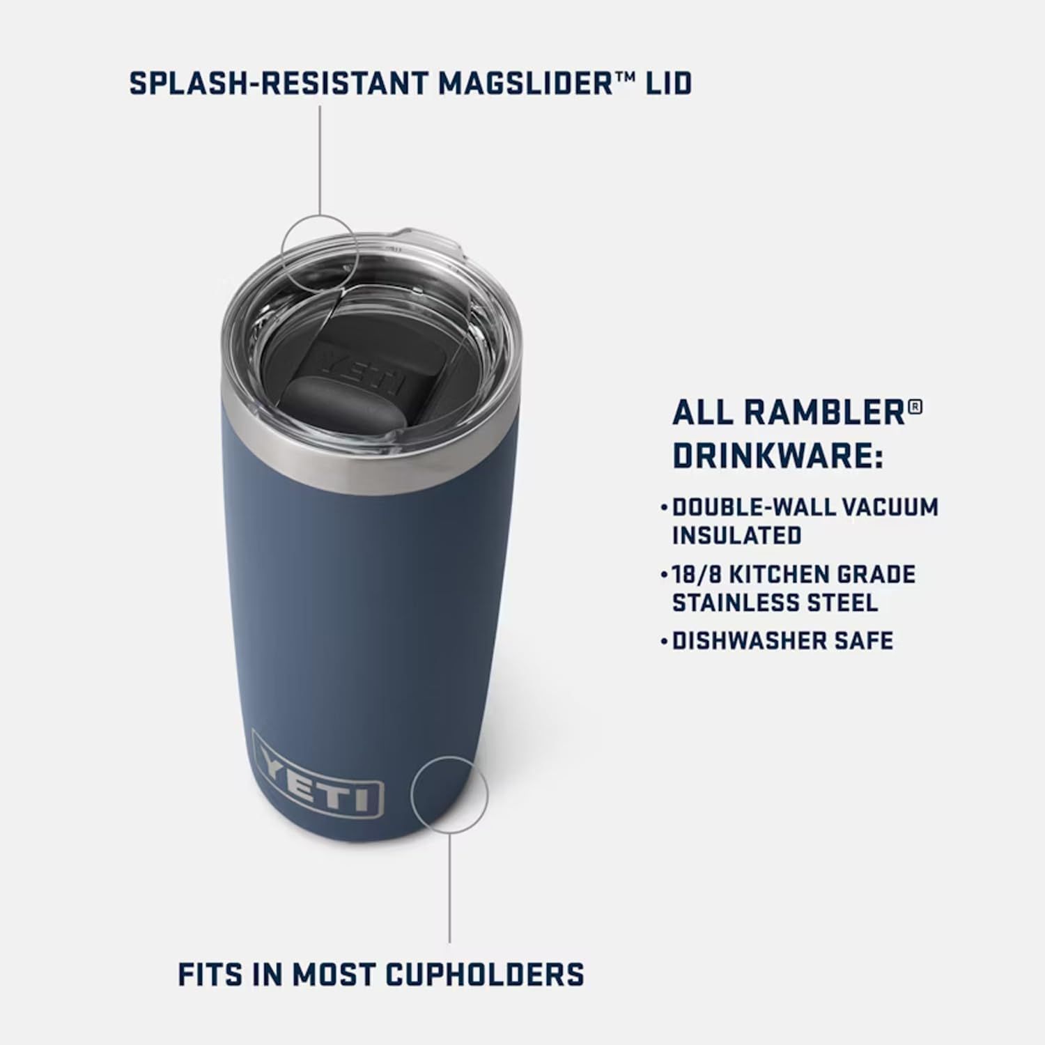 Highlights the physical components and design features of the tumbler, including the splash-resistant lid and cupholder compatibility, along with key material and care benefits. Communicates…