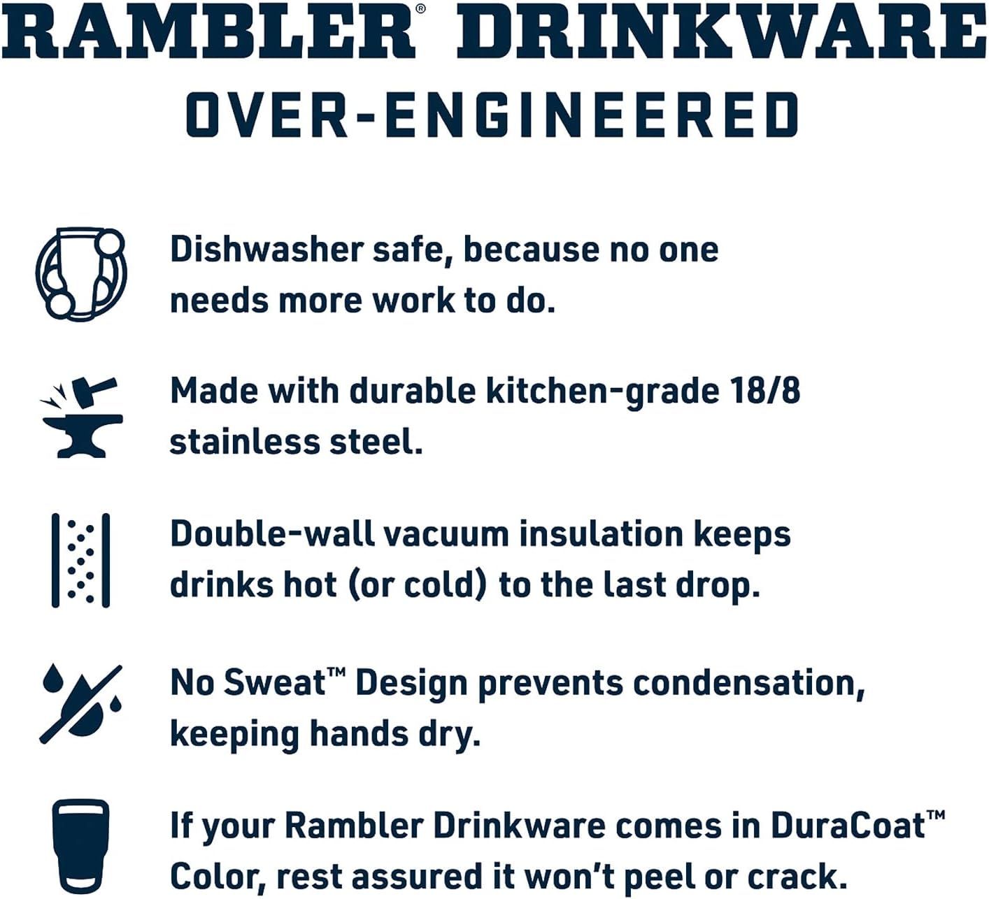 Communicates multiple engineering and performance benefits of the Rambler drinkware in a segmented icon-and-text layout to build confidence in product quality and convenience.