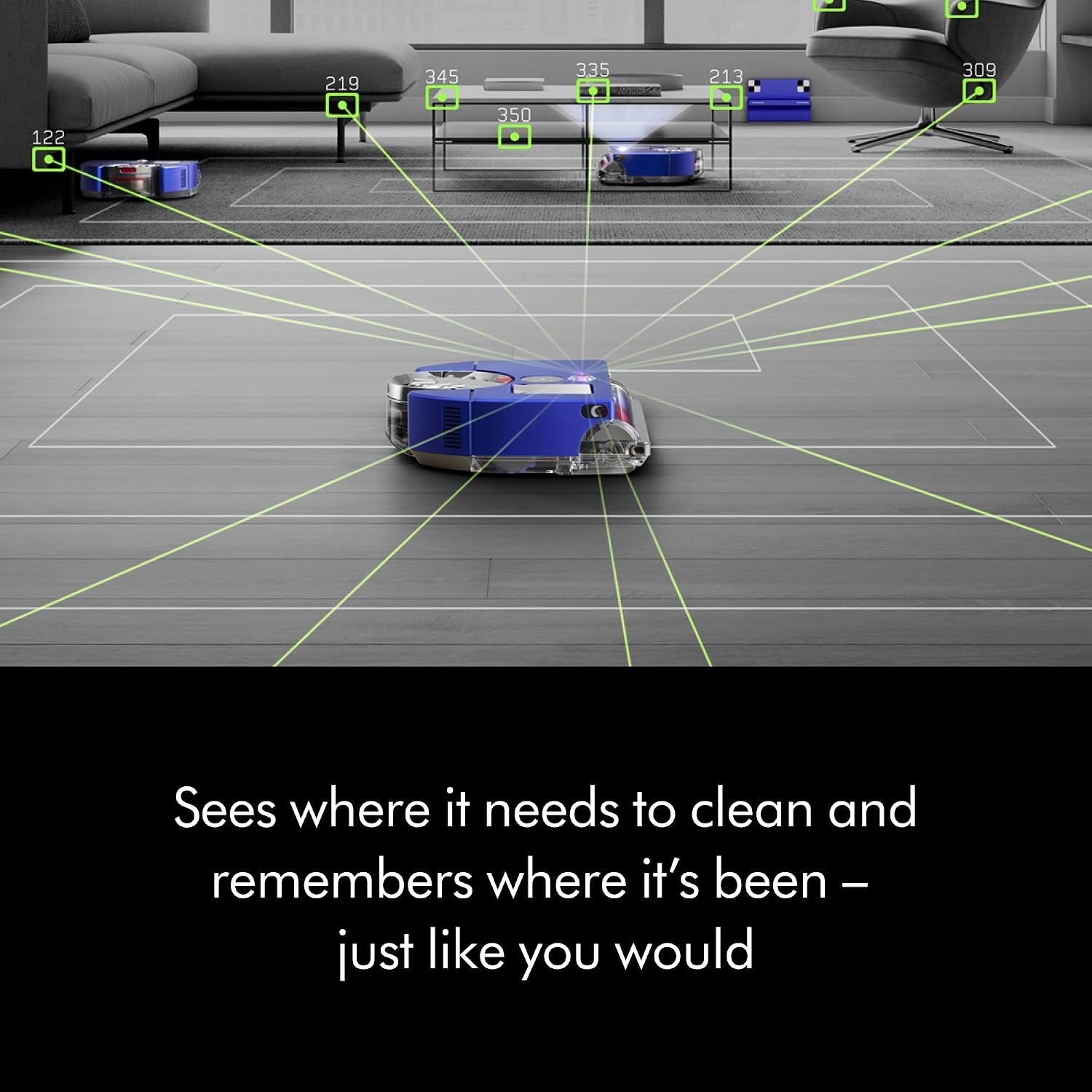 Demonstrates the robot's smart navigation capability to detect areas that need cleaning and remember where it has already been, emphasizing autonomous intelligence.
