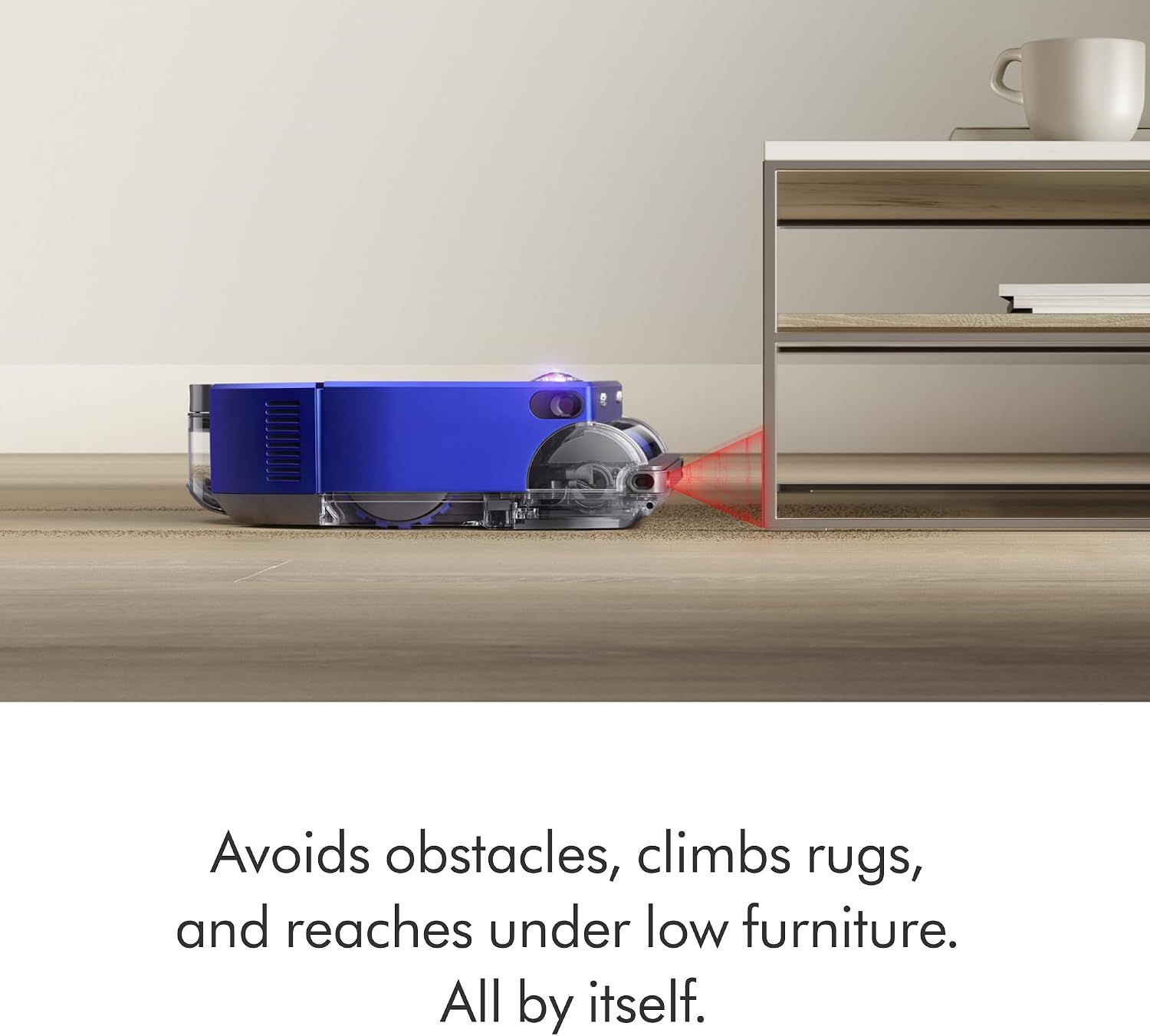 Demonstrates the robot's intelligent ability to avoid obstacles, climb over rugs, and reach under furniture autonomously, reassuring shoppers of hassle-free operation.