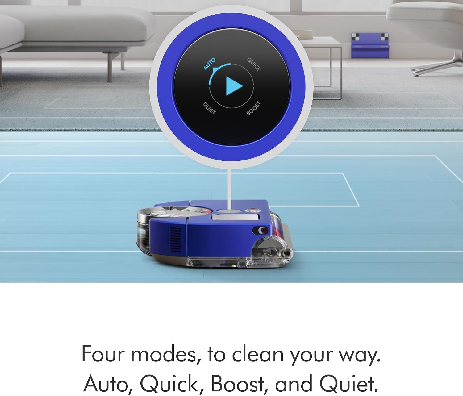 Highlights the four cleaning modes available (Auto, Quick, Boost, and Quiet), emphasizing user control and customization for different cleaning needs.