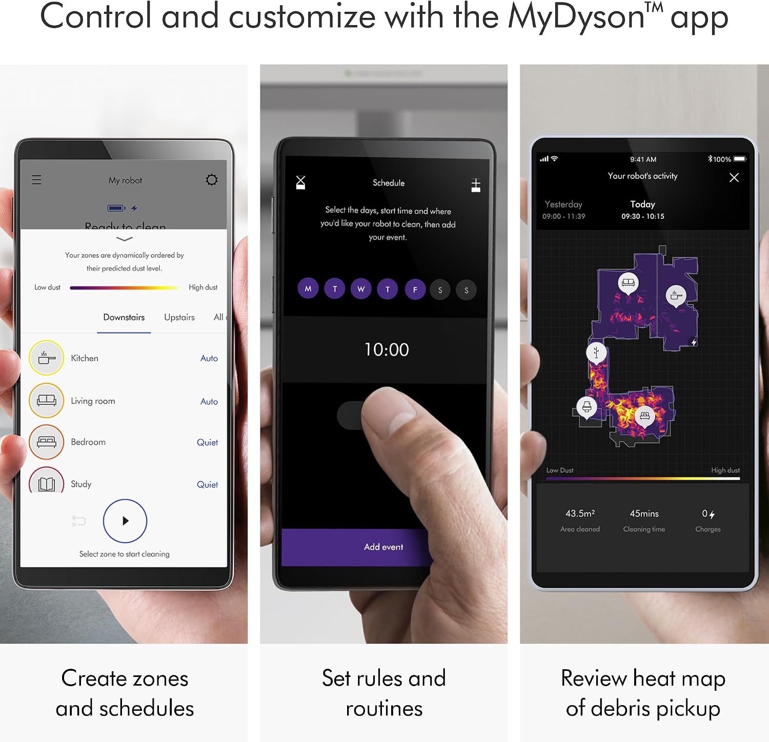 Explains how to use the MyDyson app to control and customize the robot vacuum, including creating zones, setting schedules, and reviewing cleaning activity. Showcases multiple app features in a…