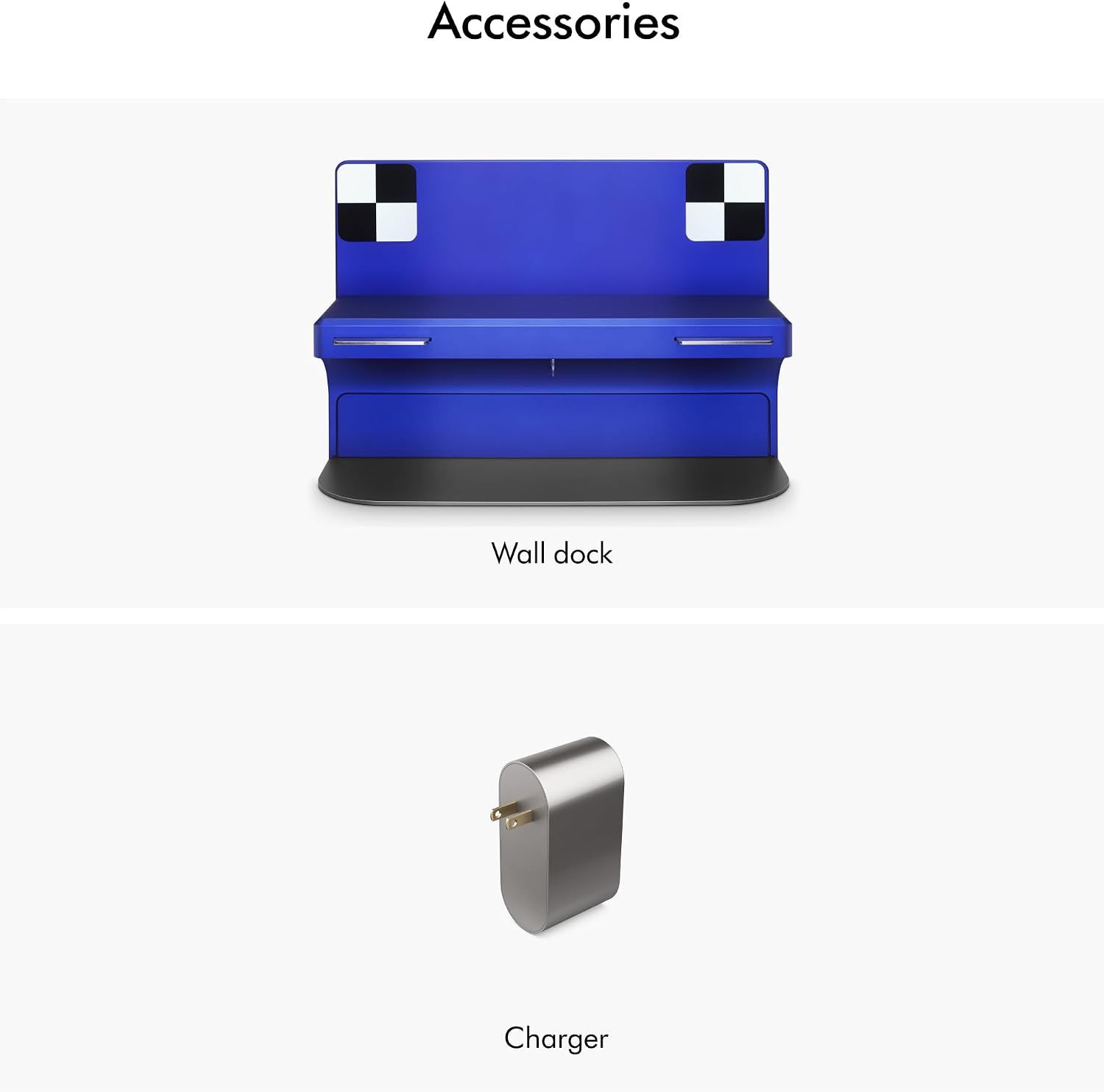 Shows the accessories included with the robot vacuum purchase: a wall dock for storage and charging, and a charger, so customers know what comes in the box.