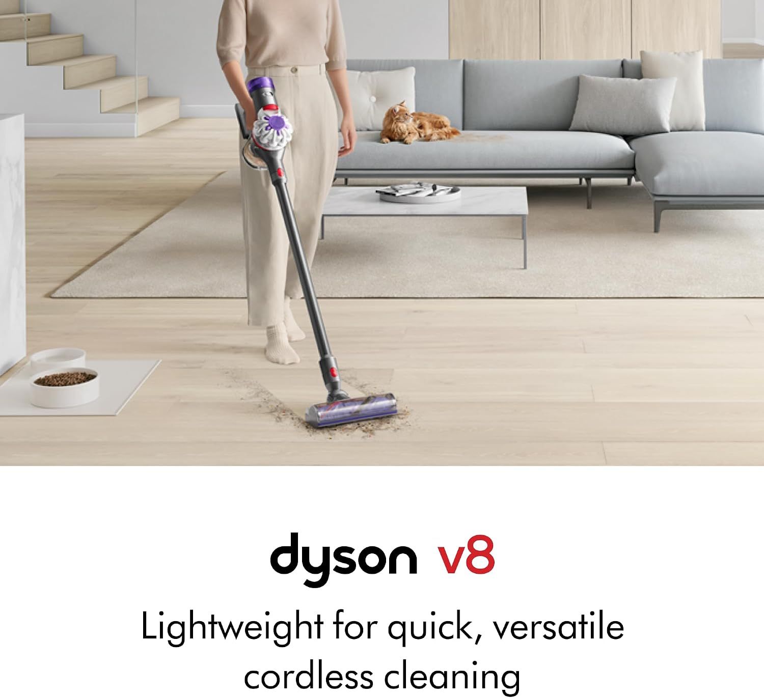 Communicates that the Dyson v8 is lightweight and cordless, making it quick and versatile for cleaning throughout the home.