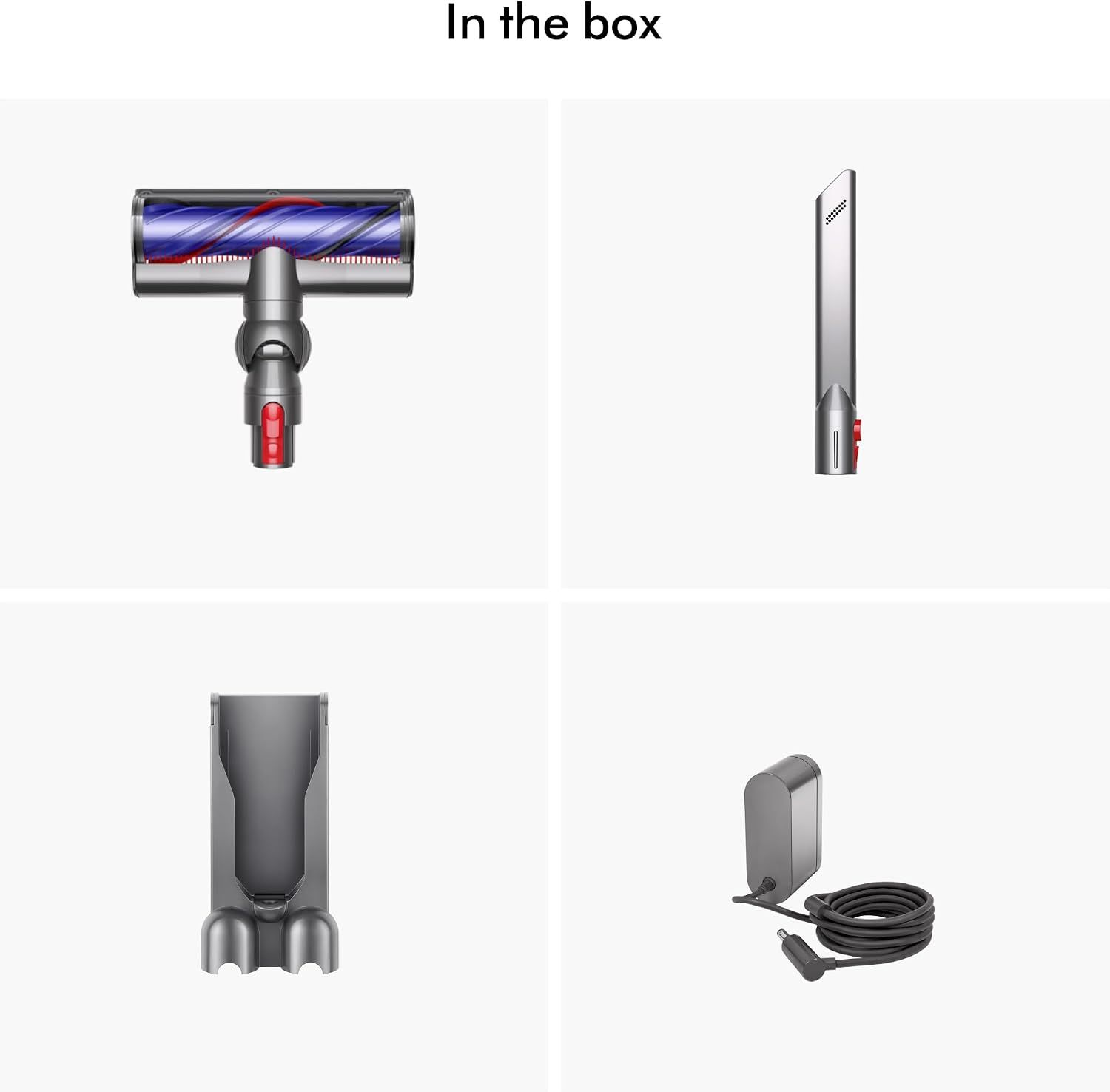 Shows all the accessories and components included in the box with the Dyson v8 vacuum purchase.