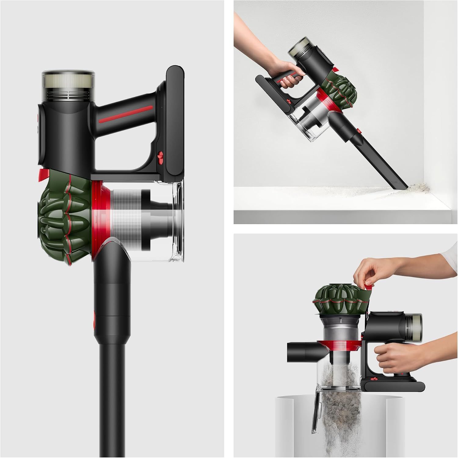 Demonstrates multiple product benefits through segmented visuals: the internal design, handheld versatility, and hygienic bin-emptying mechanism.